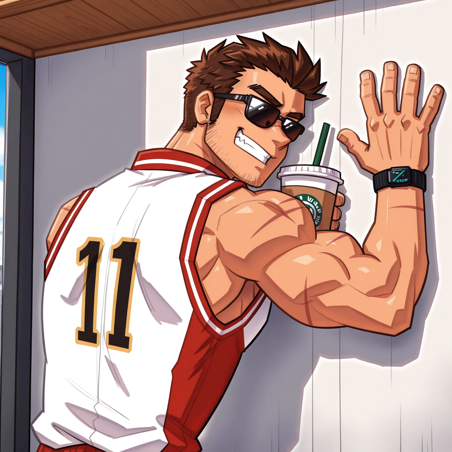 1boy, bara, solo, biceps, brown hair, mature male, scars, stubble, college jock, frat boy, sleeveless varsity jacket, stylish, sunglasses, grinning, disposable cup, leaning against wall, male focus, mondoart, muscular male, mondoart <lora:mondoart_ILXL_v1:1>