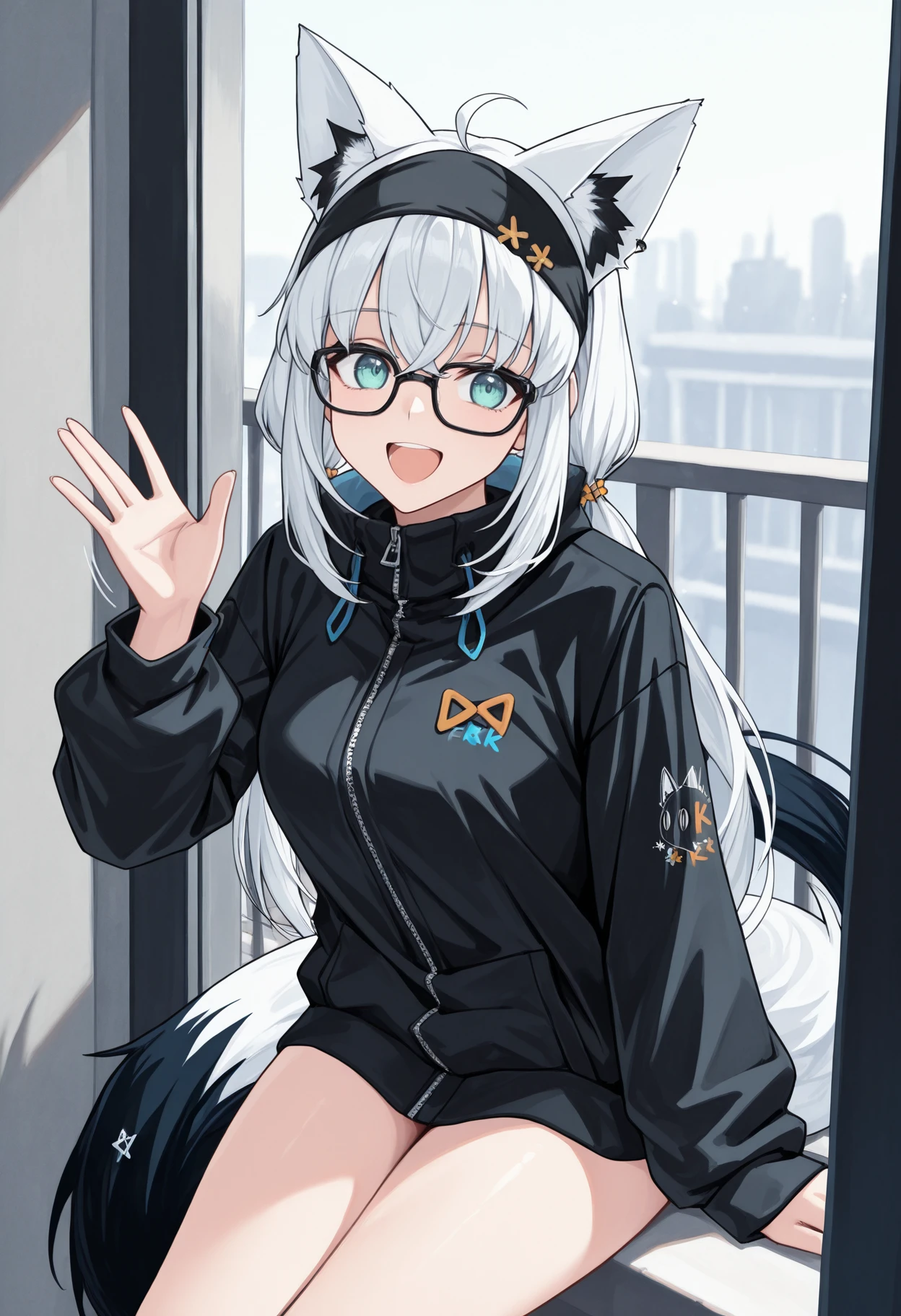 <lora:fubuki_10outfits_illustrious_v2:1>masterpiece, best quality, 1girl, solo, fbk_relax, sidelocks, black hairband, no pants, black jacket, black-framed eyewear, fox tail, balcony, sitting, waving, open mouth, smile