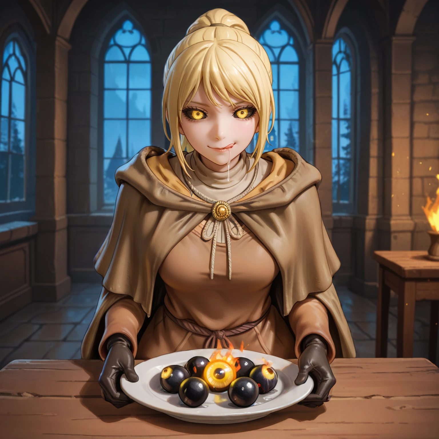 masterpiece,best quality,absurdres,highres,<lora:Hyetta:1>,
1girl,solo,cowboy shot,hyetta (elden ring),short ponytail,glowing eyes,yellow eyes,black sclera,black gloves,grey cloak,hide capelet,sitting at table,table,eyeballs on plate,glowing eyeballs,saliva trail,closed mouth,licking lips,holding table,mansion,fire,indoors,