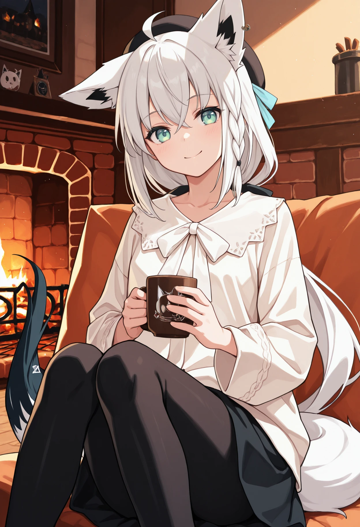<lora:fubuki_10outfits_illustrious_v2:1>masterpiece, best quality, 1girl, solo, fbk_casual, white shirt, white bow, beret, black skirt, black pantyhose, side braid, fox tail, indoors, cozy, fireplace, sitting, holding cup, smile