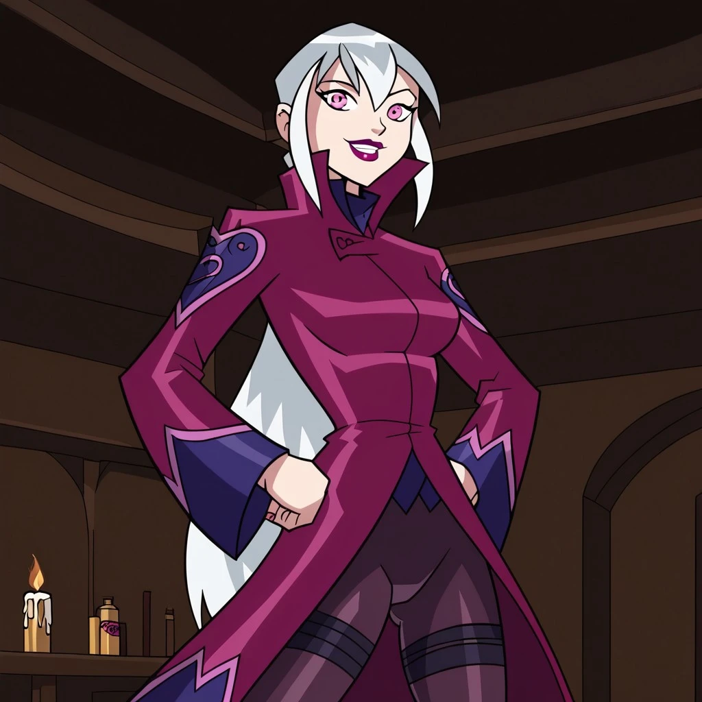 score_9, charmcaster, ben 10, bedroom, night, standing, white hair, purple eyes, pink and white lingerie, pink slippers, no coat, see through stockings
