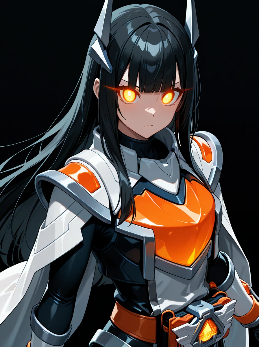 masterpiece, best quality, amazing quality, very aesthetic, absurdres, newest,(anime coloring), anime screenshot, black background ,,, helmetless long_hair,
<lora:KamenRiderMajade:0.9>1girl, armor, kamenridermajade, , , gloves, bodysuit, black_hair blunt bangs,, black eyes , looking at viewer, magic circle, serious, looking at viewer, simple background, black hair, glowing eyes, orange_chest open_palm