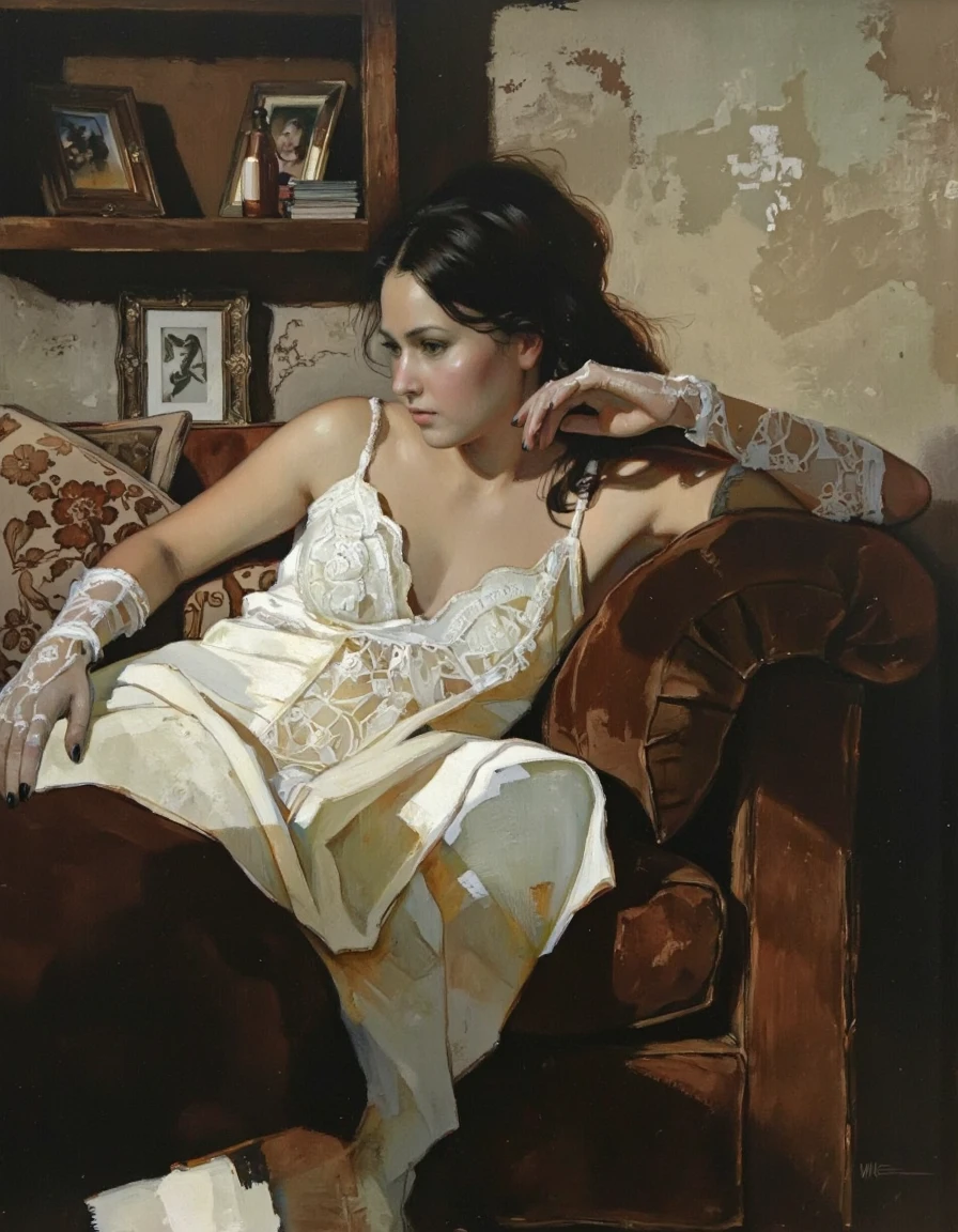 painting depicting a table, a bottle of beer and a beer mug on the table, a fully naked man lying face down on a bed next to the table and reading a book, the sun shining brightly through an open window, a fan on the floor, curtains fluttering in the wind, oil painting on canvas, a man pinup