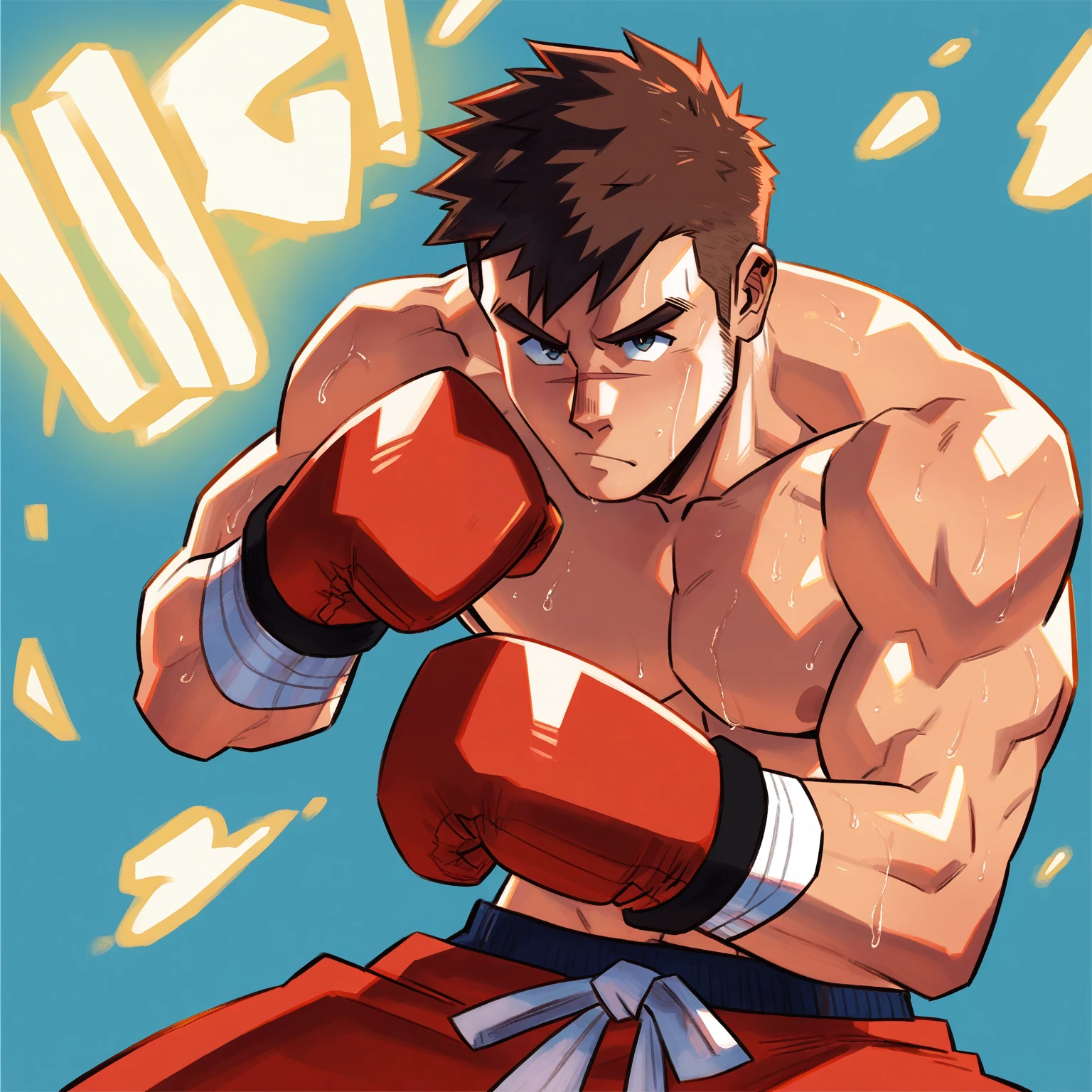 (score_9, score_8_up, score_7_up), 1boy, solo, abs, bara, handsome, brown hair, full body, shirtless, frown, stubble, heavy breathing, male focus, mondoart, muscular, scar on nose, boxer, fighting stance, punching, neon lights, dark boxing arena, red boxing gloves, sweating, serious expression, bandages, <lora:mondoart_Pony_v1:1>