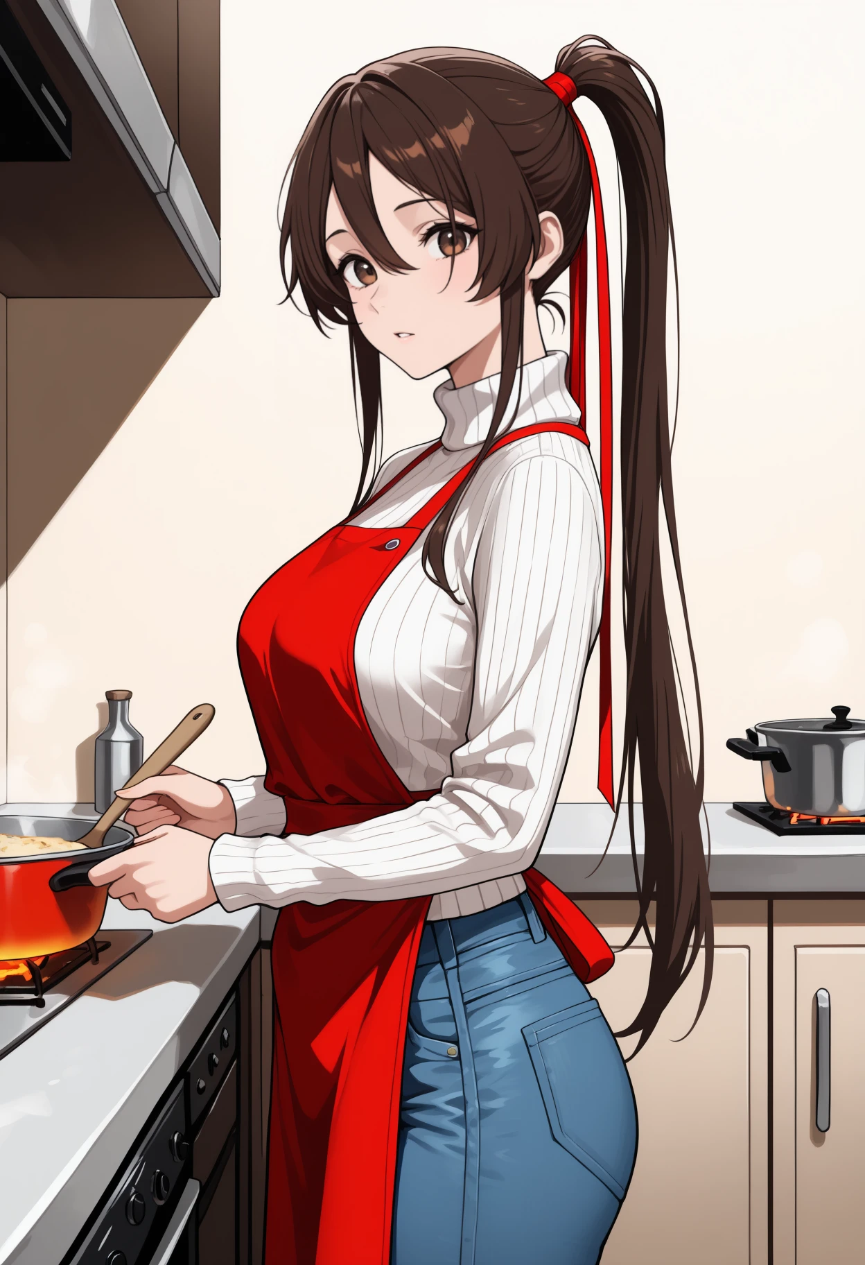 masterpiece, best quality, newest, from side, solo, 1girl, sag1ri, parted lips, looking at viewer, standing, cooking, long hair, brown hair, hair between eyes, sidelocks, high ponytail, hair ribbon, red ribbon, brown eyes, red apron, white sweater, ribbed sweater, turtleneck sweater, long sleeves, blue pants, jeans, indoors, kitchen
<segment:yolo-face_yolov8m.pt,0.4,0.5//cid=1>
