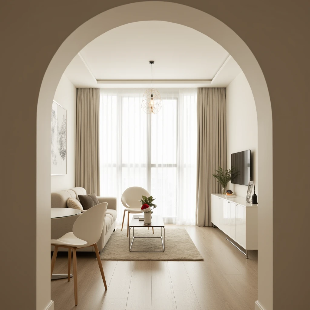 A photo of a modern,minimalistic interior space. The view is through an archway,leading into a well-lit living area with large windows covered by sheer curtains. On the right side,there is a white cabinet and a wall-mounted small screen. A decorative light hangs from the ceiling. In the living area,there is a couch with soft,neutral-colored fabric,complemented by a light rug beneath a glass coffee table. A plant with a festive decoration,specifically a Santa hat,rests on the table. To the left,a round dining table with white chairs is visible. The flooring is a light wood,and the walls are painted in soft tones,creating a warm and inviting atmosphere.,