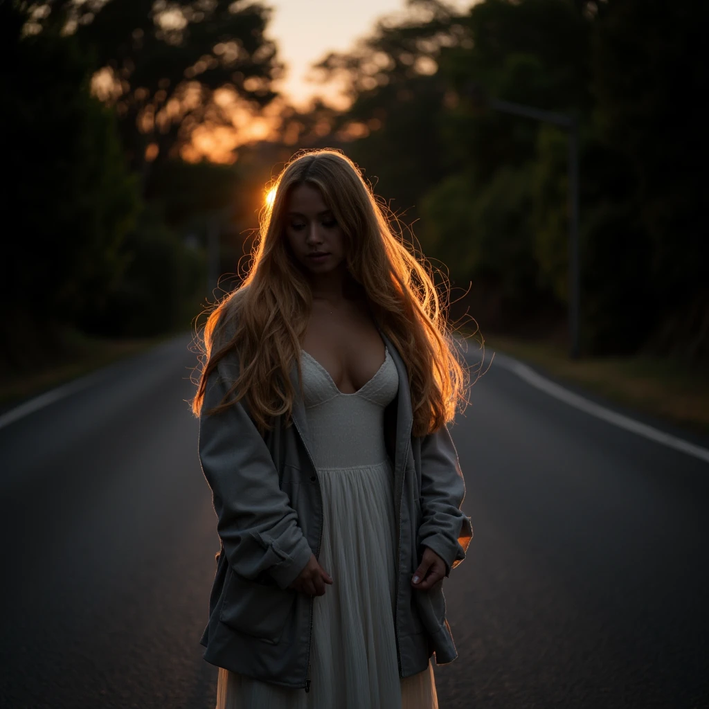 cinematic film still of <lora:hair light backlight style v1:0.9>
hair light style, side view, cinematic back light style, light from behind of a woman with long blonde hair standing in the middle of a road, detailed background, perfect image, perfect body, perfect anatomy, sharp image, detailed image, contrast, Kodak film, high quality photography, cinematic photography style, back light, light from behind style, rim light style, solo, long hair, blonde hair, dress, closed mouth, upper body, white dress, fire, breasts, blurry, lips, blurry background, robe, jacket, glowing, orange hair, looking down, backlighting, shallow depth of field, vignette, highly detailed, high budget, bokeh, cinemascope, moody, epic, gorgeous, film grain, grainy