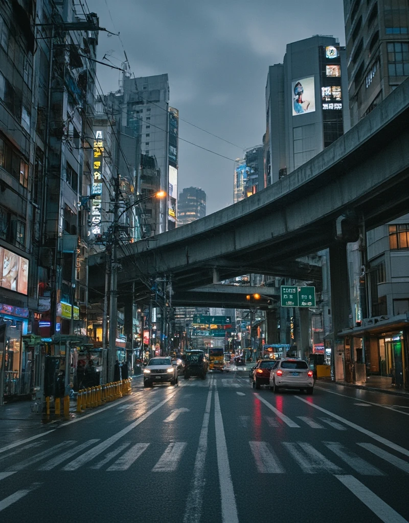 <lora:City_Worlds_01_v1_Roads_flux:1> realistic photo of citybkg, cyberpunk, evening, ambiance, sun, very detailed, streets, traffic, futuristic, elevated highway, front view, billboards on buildings, high buildings, low buildings, people, bus station, street marking, stores, shop lights, neons, illuminated, electric poles, signs, cars, rain,