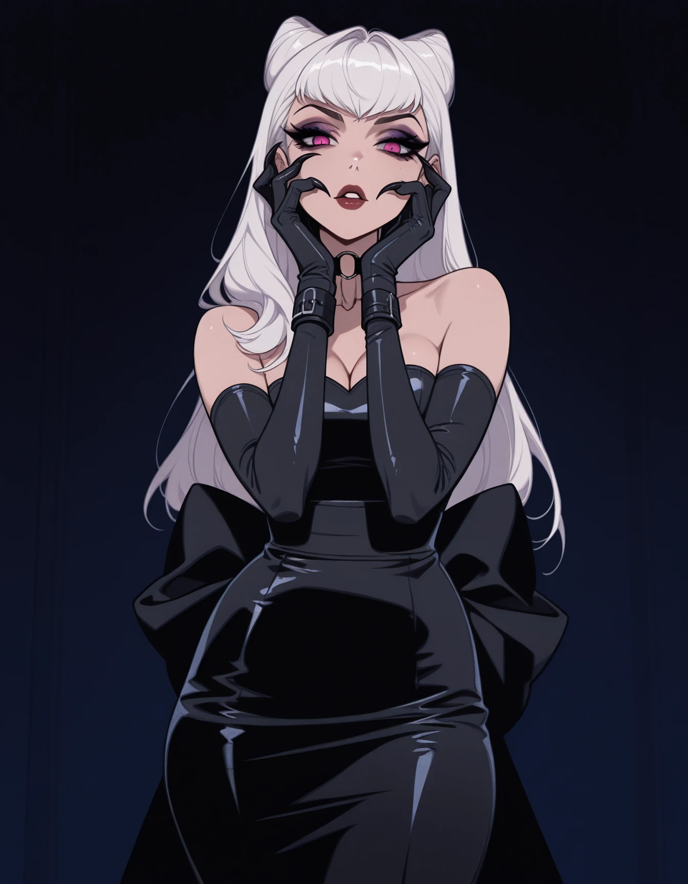 1girl, solo, black latex, the baddest evelynn, minibuns, claws, yandere, hands on face, contrapposto, strapless, huge bow, back bow, cowboy shot, o-ring choker, <lora:Test4-ILXL2025-02-06_21-38-29-save-216-36-0:1>, long dress, elbow gloves, wrist cuffs, <lora:Style_ecstatic-EGirlPFP-ILXL:1> EGirlPFP, dramatic eyeliner, masterpiece, best quality, very aesthetic, newest