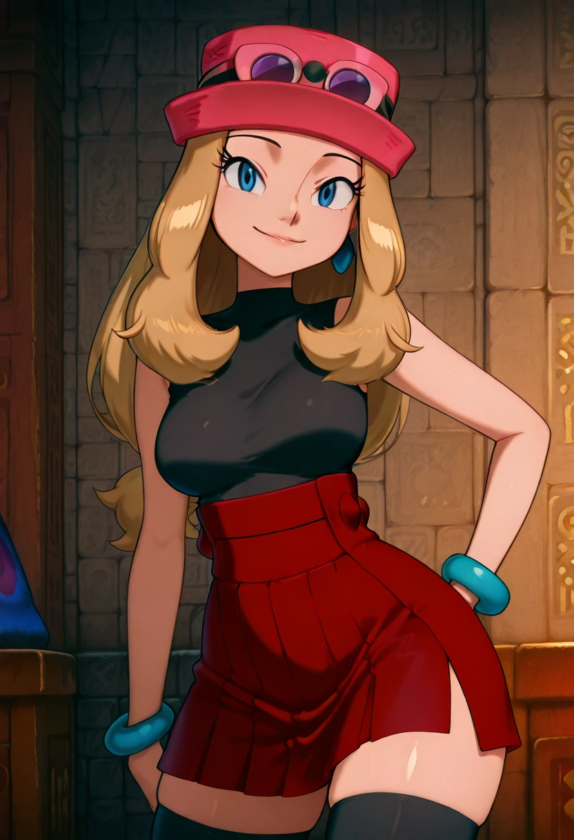 masterpiece, best quality, medium breasts, (curvy), BREAK, zzSerena, solo, long hair, blue eyes, eyewear on headwear, pink headwear, eyelashes, sleeveless shirt, black shirt, bracelet, high-waist skirt, red skirt, black thighhighs,<lora:SerenaPokemonIXL_v2:1.0>,smile, looking at viewer, cowboy shot, <lora:RoadToChelDorado_IXL:1.0>,