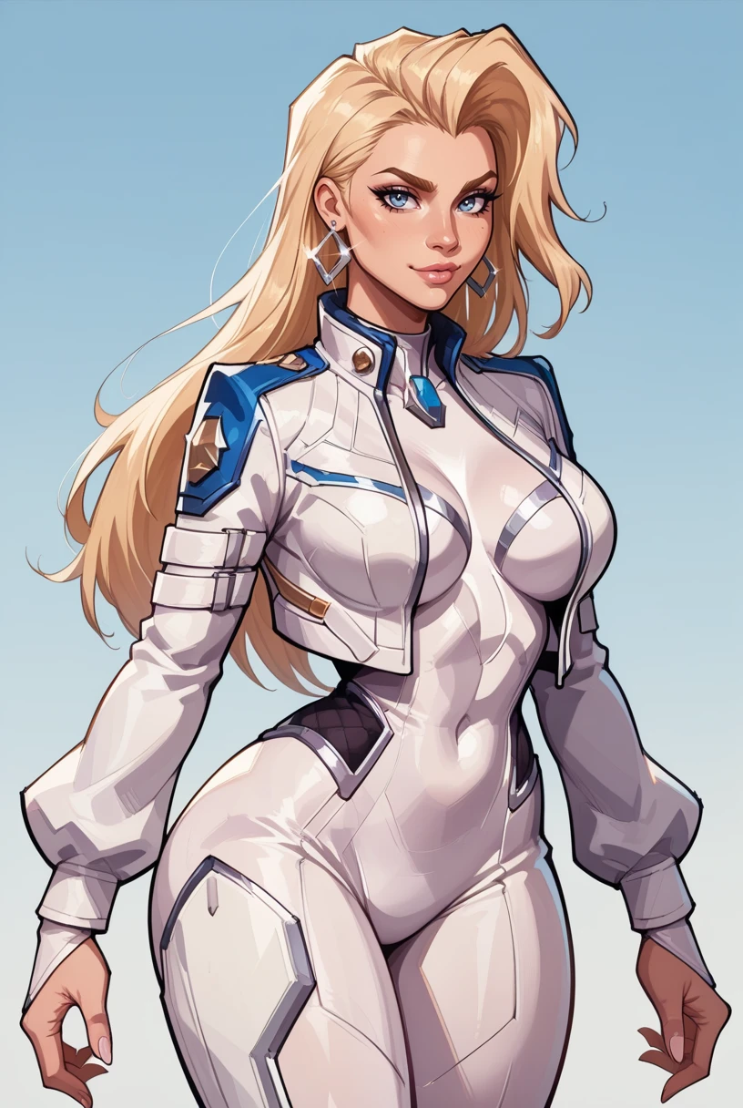 score_9, score_8_up, score_7_up, score_6_up, score_5_up, score_4_up, source_Western_Comics, BREAK, (Masterpiece, 8k, Highly Detailed, Cowboy Shot), BREAK, (Large Breasts, Wide Hips, Big Ass), BREAK, (Sexy Pose, Action Pose, Dynamic Pose), BREAK, (1girl), <lora:Marvel_Rivals_-_Dagger:0.7> long hair, blonde hair, jewelry, earrings, blue eyes, white bodysuit, jacket
