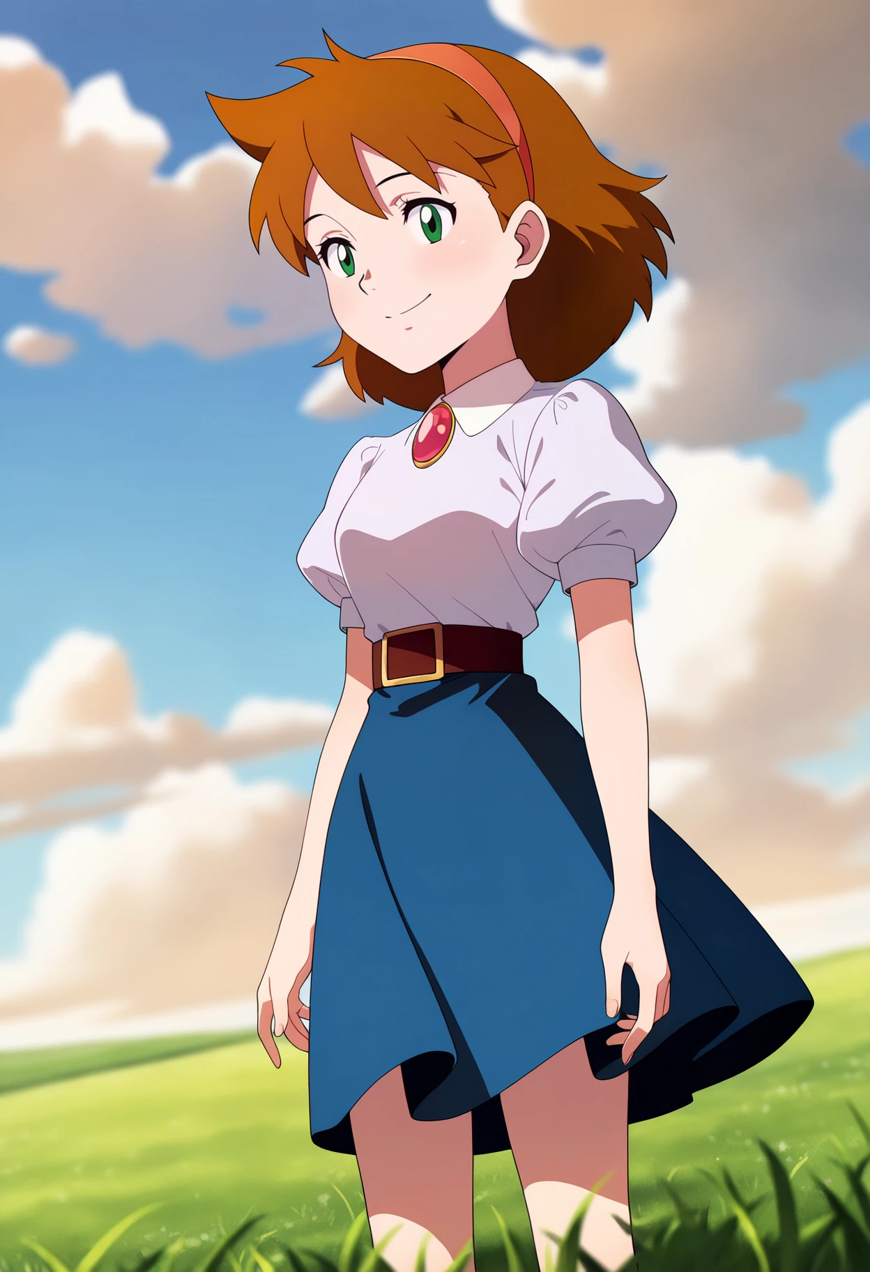 masterpiece, best quality, very aesthetic, absurdres,
1girl, janebuxton, brown hair, short hair, green eyes, hairband,
brooch, puffy short sleeves, dark blue skirt, belt,
standing, solo, looking at viewer, smile, blue sky, grass, cloud, meadow background, <lora:JaneBuxtonNoobXL_byKonan:1>