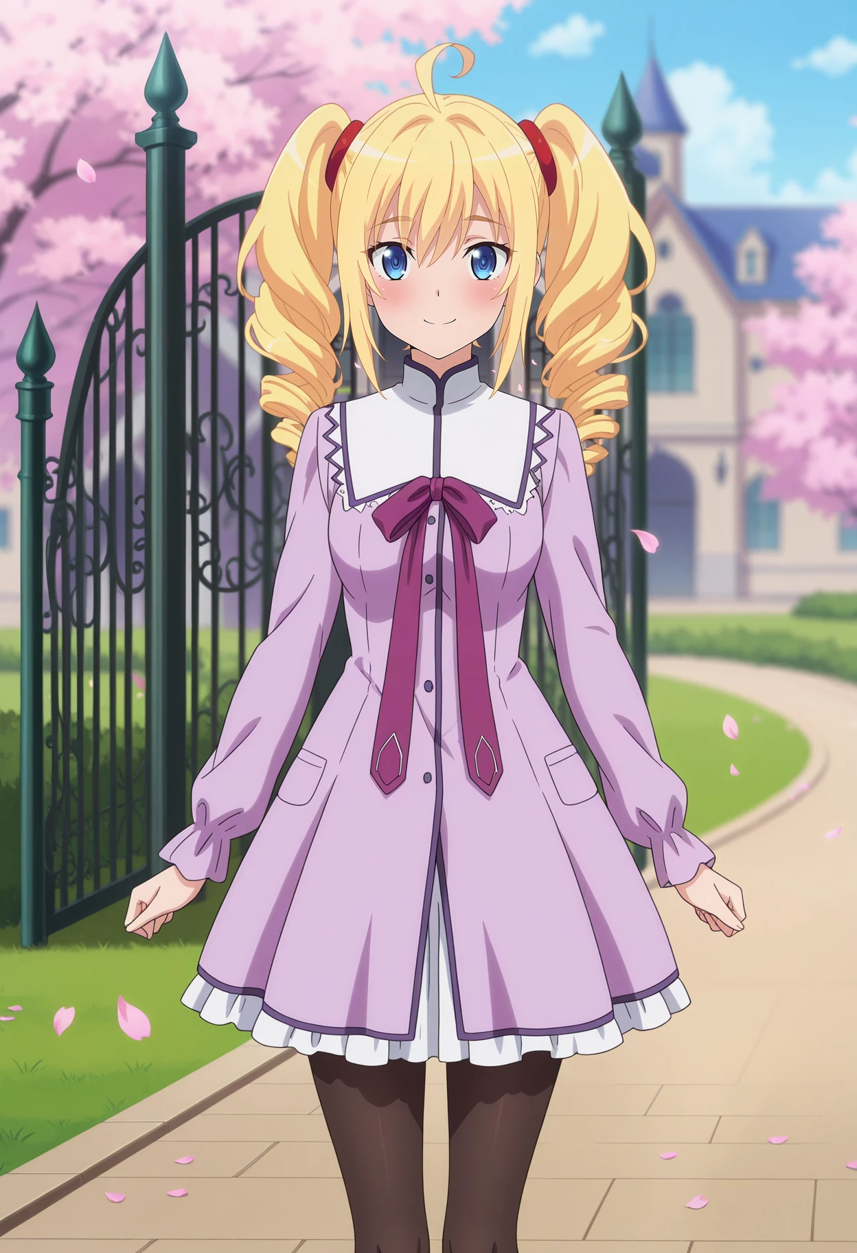 anime screencap, masterpiece, best quality,
<lora:HighSchoolDxDHERO_PhenexRavel_IlluXL:0.9>,
1girl, solo, closed mough, smile, blush,
drill hair, twintails, blonde hair, blue eyes, ahoge, hair scrunchie, red scrunchie,
RavelDress, light purple dress, purple ribbon, long sleeves, black pantyhose,
standing, looking at viewer,
blurry background, outdoors, cherry blossoms, building, gate, grass, falling petals