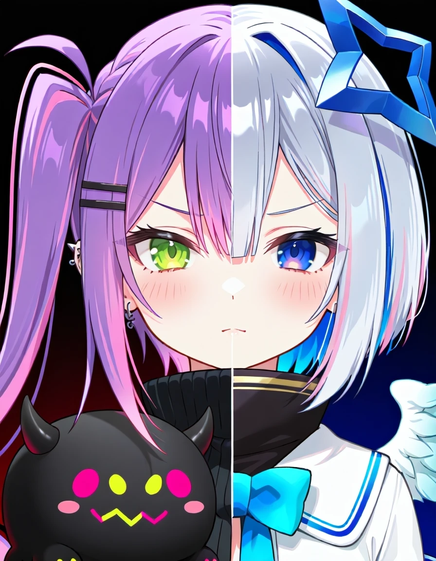 1girl,tokoyami towa,mesugaki,devil,amane kanata,angel,split theme,stylish,artist, closed mouth