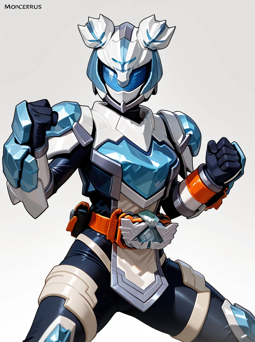 masterpiece, best quality, amazing quality, very aesthetic, absurdres, newest,simple background,
<lora:KamenRiderMajade:1>1girl, armor, solo, mooncerberus, helmet, , gloves, bodysuit, belt, rider belt fighting stance, clenched hands,