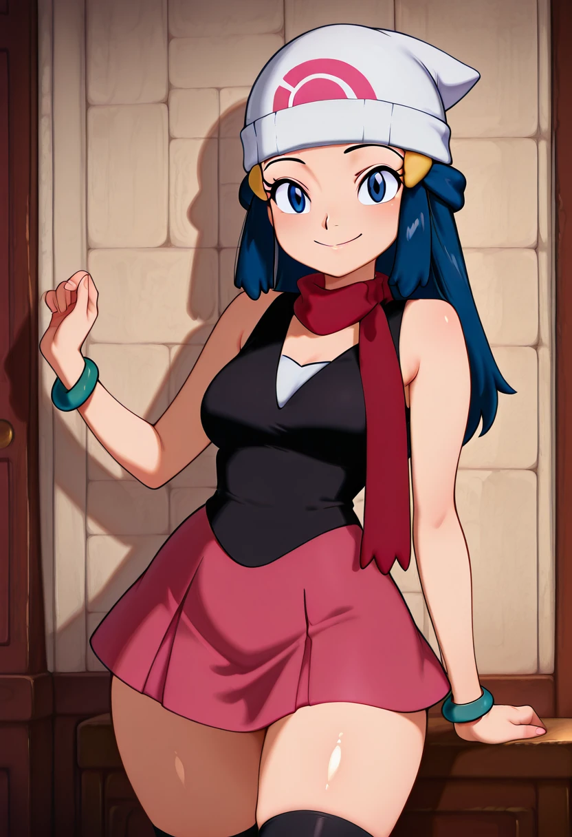 masterpiece, best quality, medium breasts, (curvy), BREAK, zzDawn, blue hair, blue eyes, sidelocks, long hair, bare shoulders, beanie, black shirt, black socks, bracelet, hat, jewelry, kneehighs, miniskirt, pink skirt, red scarf, scarf, shirt, skirt, sleeveless, sleeveless shirt, white headwear, <lora:DawnPokemonIXL_e07:1.0>smile, looking at viewer, cowboy shot, <lora:RoadToChelDorado_IXL:1.0>,