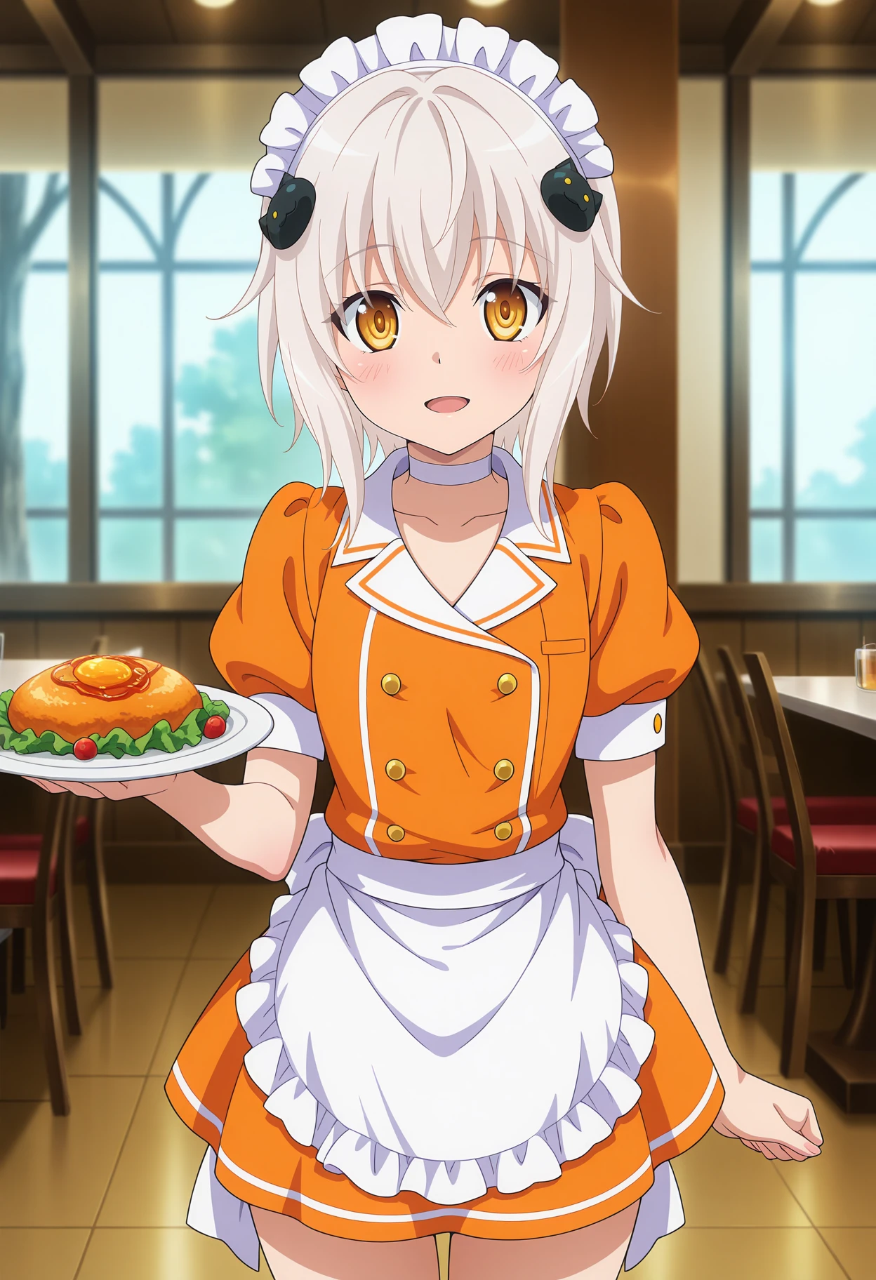 anime screencap, masterpiece, best quality,
<lora:HighSchoolDxDHERO_ToujouKoneko_IlluXL:0.9>,
1girl, solo, open mouth, light smile, happy, blush,
white hair, yellow eyes, short hair, cat hair ornament,
maid headdress, white choker, collarbone, short dress, orange dress, white collar, puffy short sleeves, double-breasted, waist apron, frilled apron, white apron,
holding plate, arm at side,
standing, looking at viewer, cowboy shot, 
indoors, restaurant, blurry background