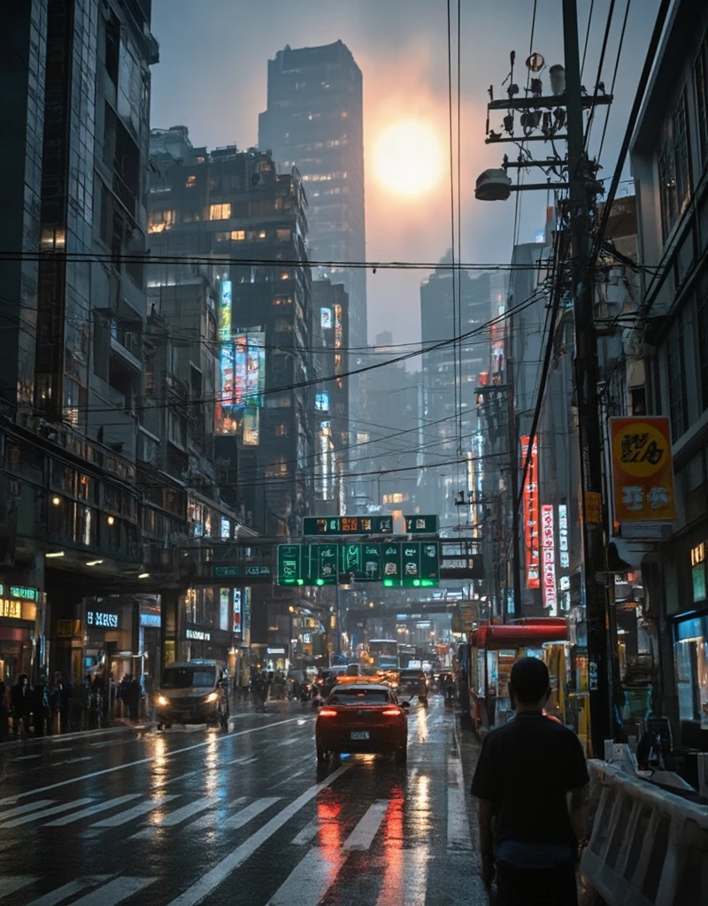 <lora:City_Worlds_01_v1_Roads_flux:1> realistic photo of citybkg, cyberpunk, evening, ambiance, sun, very detailed, streets, traffic, futuristic, elevated highway, front view, billboards on buildings, high buildings, low buildings, people, bus station, street marking, stores, shop lights, neons, illuminated, electric poles, signs, cars, rain,
