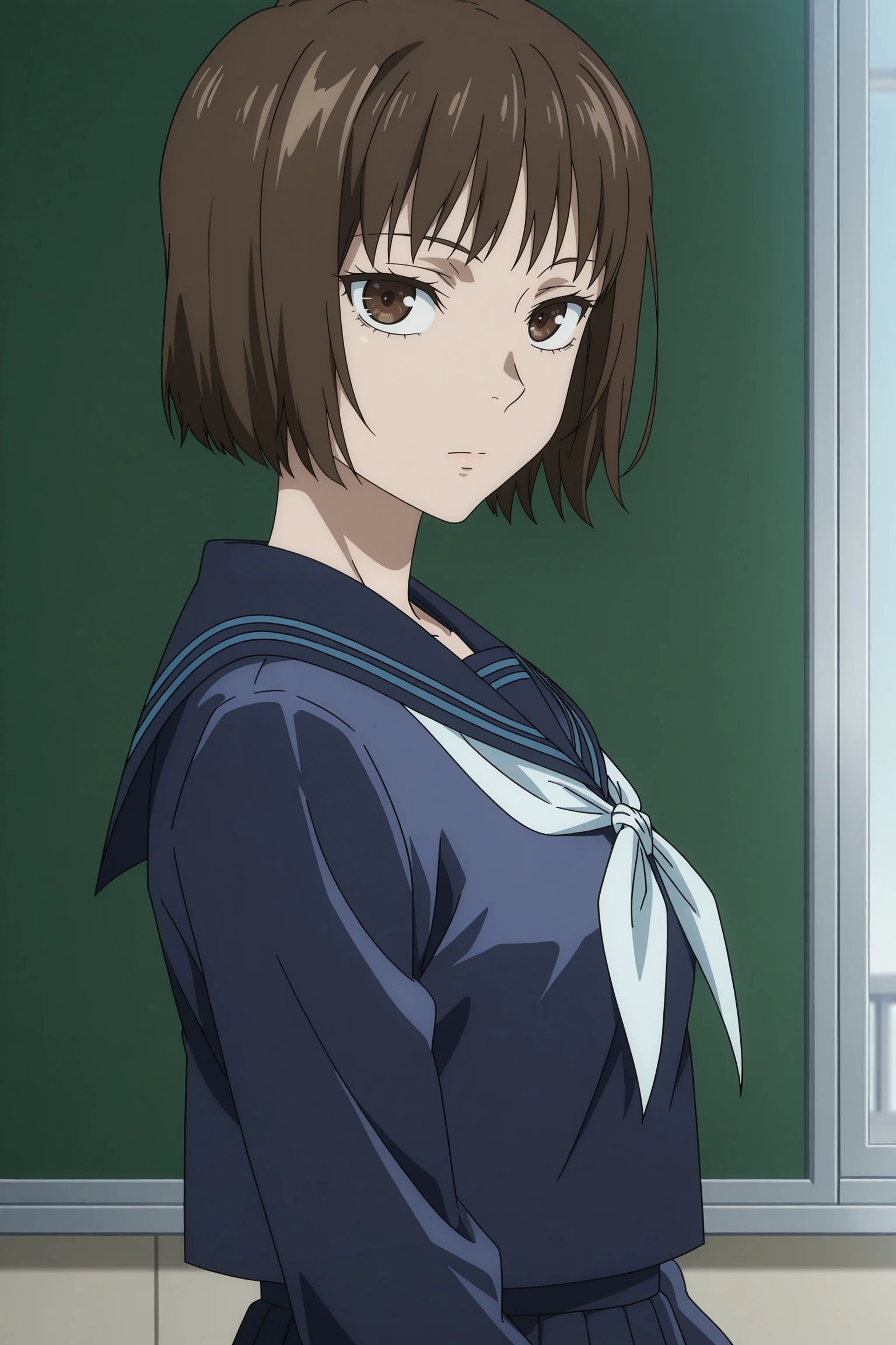 1girl, solo, indoors, classroom, day, hasaba mimiko, short hair, brown hair, choppy bangs, brown eyes, serafuku, long sleeves, blue shirt, blue sailor collar, white neckerchief, blue skirt, pleated skirt, medium skirt, grey socks, kneehighs, loafers, <lora:Mimiko_Hasaba_ILXL:1>, (upper body:1.5), expressionless, looking at viewer, (anime screencap:1.5), (anime coloring:1.5), from side, tsurime