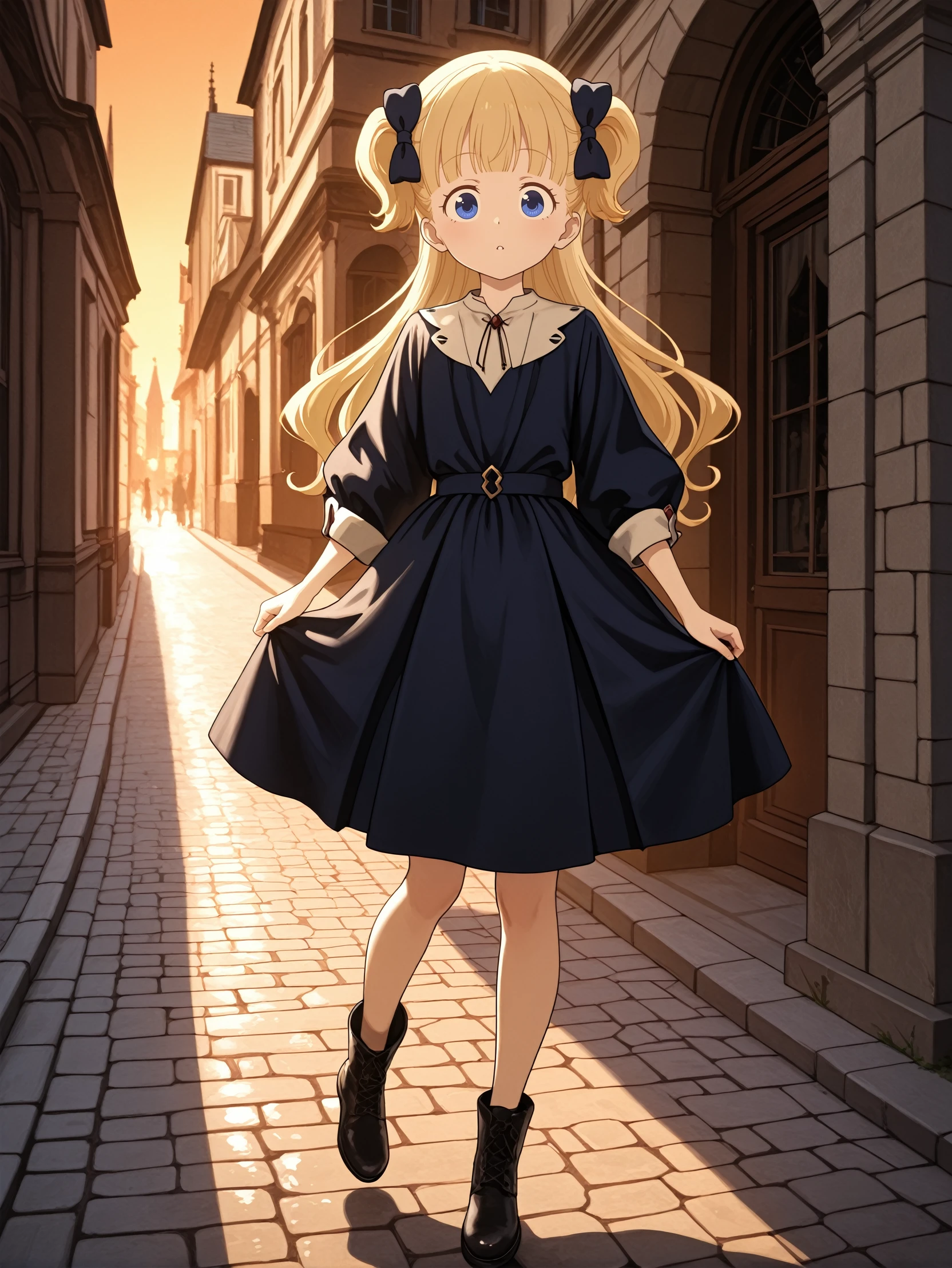 masterpiece, best quality, amazing quality, very aesthetic, absurdres, newest,
<lora:ILAEmilico:1.0>
AEmilico, 1girl, blonde hair, blue eyes, hair bow, blunt bangs, two side up, long hair, looking at viewer, posing on a cobblestone street, one foot on the ground, other leg bent slightly, European city architecture in the background, warm evening glow, stylish and urban atmosphere