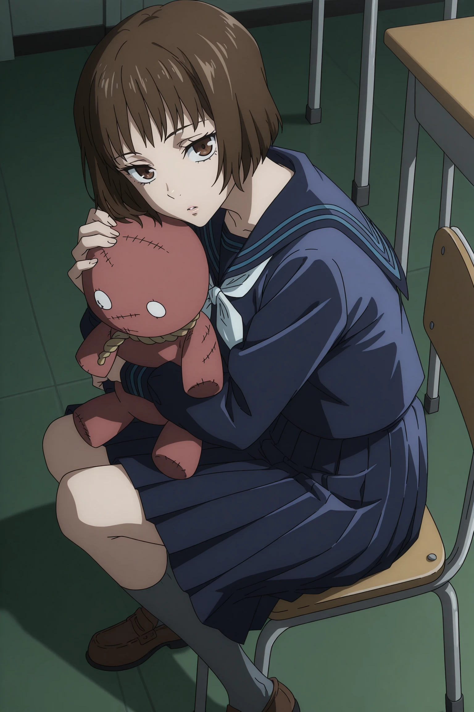 1girl, solo, indoors, classroom, day, hasaba mimiko, short hair, brown hair, choppy bangs, brown eyes, serafuku, long sleeves, blue shirt, blue sailor collar, white neckerchief, blue skirt, pleated skirt, medium skirt, grey socks, kneehighs, loafers, <lora:Mimiko_Hasaba_ILXL:1>, (full body), expressionless, looking at viewer, (anime screencap:1.5), (anime coloring:1.5), hugging doll, tsurime, rope, sitting, chair, desk, from above, from side, parted lips