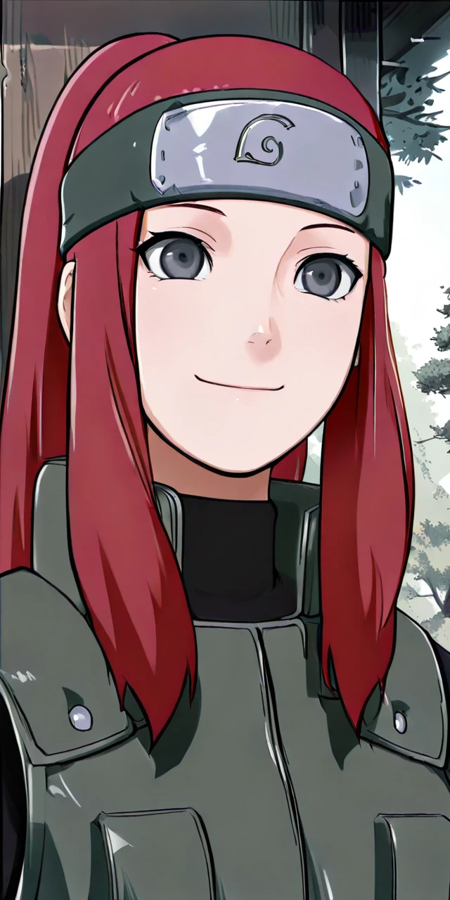 masterpiece, high quality, best quality amazing quality, ,ydksn, 1girl, solo, long hair, smile, closed mouth, red hair, outdoors, tree, black eyes, grey eyes, headband, ponytail, portrait, forehead protector, jounin outfit, green vest, closed vest, long sleeves, sidelocks, black shirt inside <lora:Kushina_ydksn_V2:1> <lora:Jounin-Outfit_ydjo_illustrious:1>