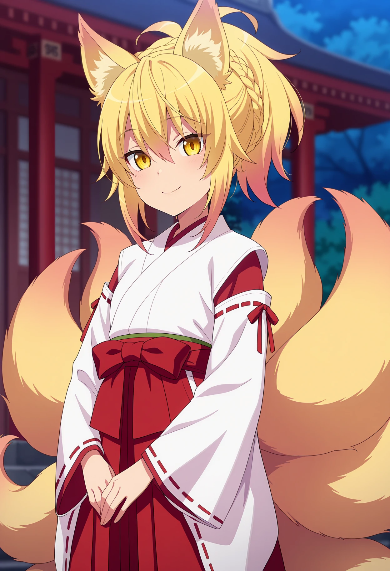 anime screencap, masterpiece, best quality,
<lora:HighSchoolDxDHERO_Kunou_IlluXL:0.9>,
1girl, solo, smile, light blush,
ponytail, multicolored hair, blonde hair, crown braid, hair between eyes, yellow eyes, fox ears, multiple tails, fox tail,
KunouMiko, white kimono, hakama skirt, red hakama, ribbon-trimmed sleeves, wide sleeves,
standing, looking at viewer, cowboy shot,
blurry background, outdoors, east asian architecture