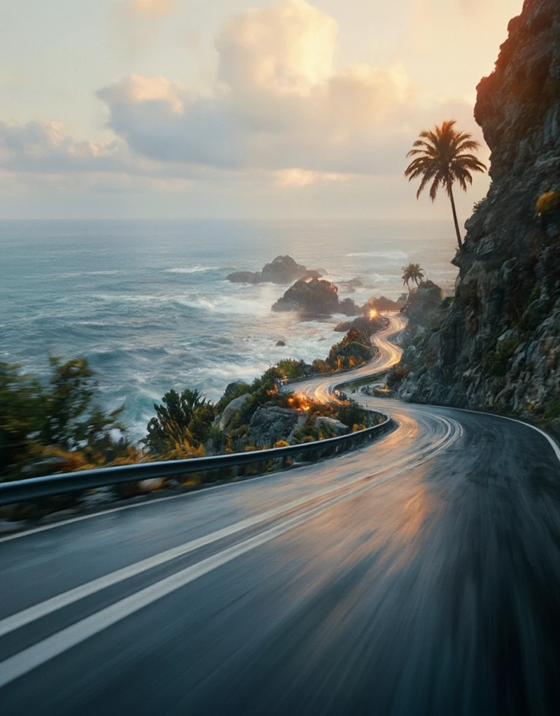 <lora:City_Worlds_01_v1_Roads_flux:1> realistic photo of citybkg, cyberpunk, day, clouds, sunny, ambiance, detailed, futuristic, vegetation, ambiance, day, clouds, very detailed, illuminated, reflections, mist, motion blur, speed, wet, rain, sunset, sun shades, mountain road, sea side road, from tail, palm trees, sea waves, rocky shore, sinuous road,