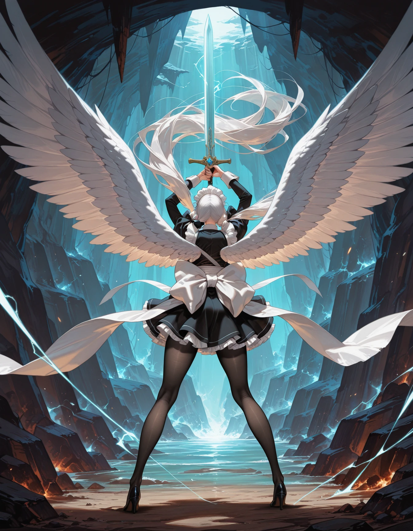 shiny satin, 1girl, white hair, twintails, maid outfit, maid headdress, white apron, pantyhose, short skirt, angel wings, front facing, white sash, hair bow, back bow, huge bow, mature female, <lora:Test4-ILXL2025-02-06_21-38-29-save-216-36-0:0.9> <lora:Style_velvet-MythicFantasy-ILXL:0.8> mythp0rt, action shot, dynamic pose, wielding greatsword, magical girl, cave, dragon background, masterpiece, best quality, very aesthetic, newest