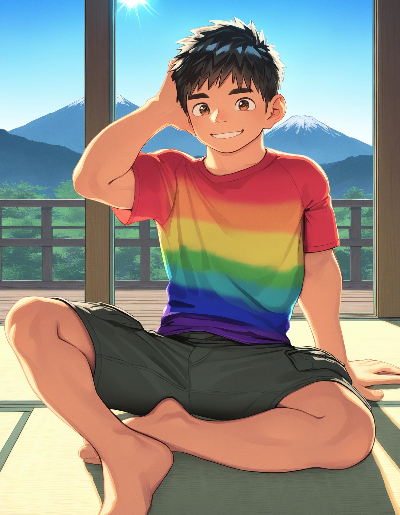 masterpiece, best quality, shounenzoom-style, 2020s, indoors, tatami, scenery, mountain, sunlight, 1boy, muscular, brown eyes, black hair, solo, looking at viewer, smile, rainbow t-shirt, cargo shorts, sitting, on floor, arm support, hand in hair, barefoot <lora:shounen_zoom-naixl_vpred-v7Nd-ShoAI:1>