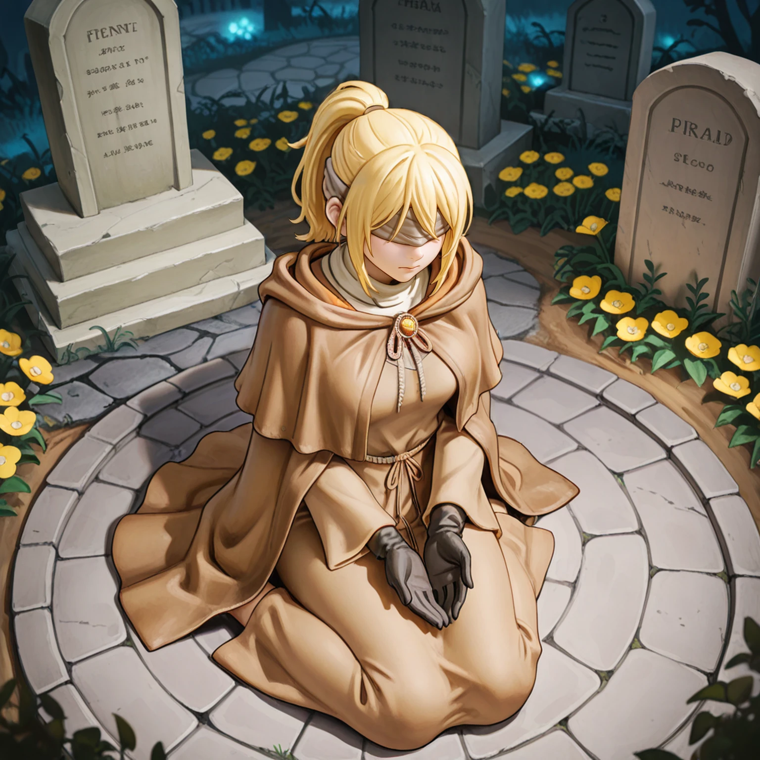 masterpiece,best quality,absurdres,highres,<lora:Hyetta:1>,
1girl,solo,cowboy shot,hyetta (elden ring),short ponytail,grey blindfold,covered eyes,black gloves,grey cloak,hide capelet, wariza, stone floor, graveyard, tombstone, flower, open hands, scenery, detailed background, blue mist, yellow flower, from above, begging, sad, closed mouth,