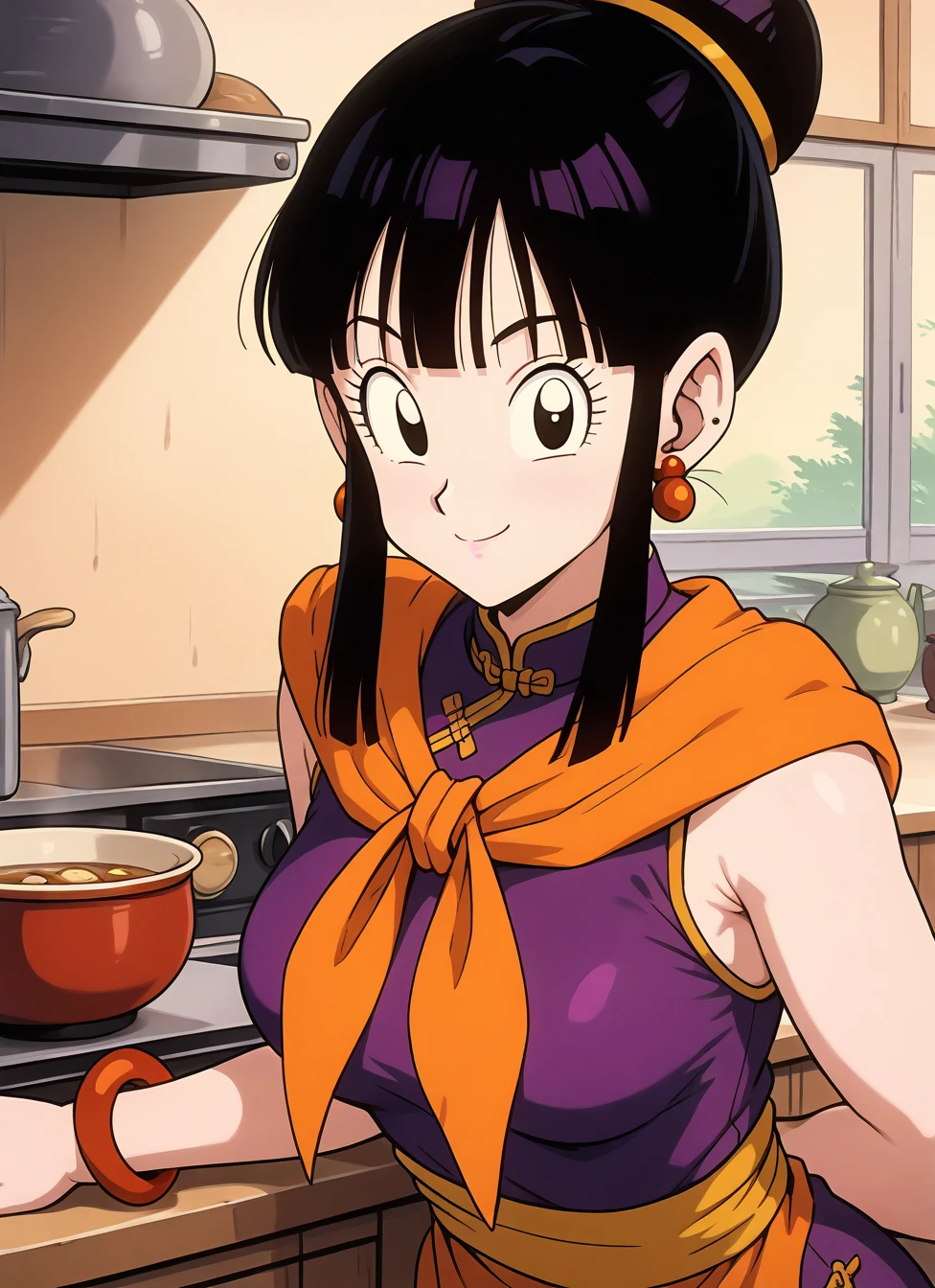 masterpiece, best quality,
<lora:ChiChi_DragonBalZ_Illustrious_lora_v01:1.0> 1girl, ch1ch1-dmx, retro artstyle, solo, jewelry, earrings, black hair, smile, black eyes, breasts, sleeveless, upper body, bangs, chinese clothes, orange neckerchief, looking at viewer, hair bun, bare shoulders, medium breasts, closed mouth, blunt bangs, hair ornament, sidelocks, large breasts, bracelet, kitchen