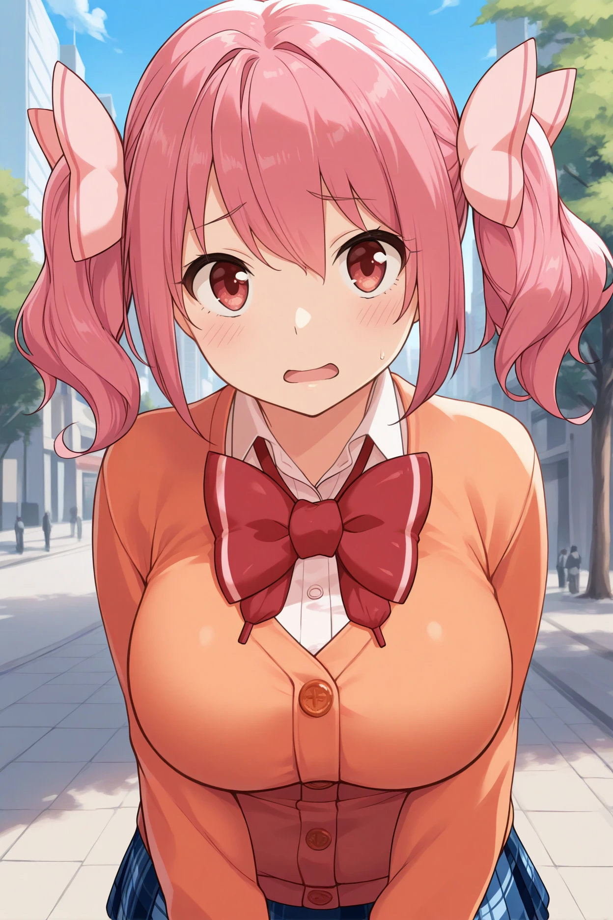 masterpiece, best quality, 1girl, solo, <lora:myumomochi-illu-nvwls-v1-000005:1> myumomo, pink hair, short twintails, pink eyes, large breasts, hair bow, orange cardigan, collared shirt, buttons, red bowtie, plaid skirt, blue skirt, upper body, looking at viewer, happy, open mouth, nervous, city, blue sky, tree