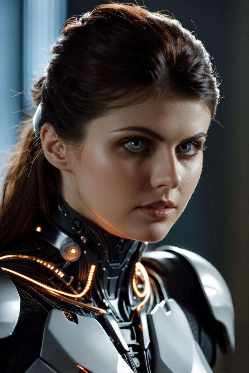 cinematic film still <lora:Alexandra_Daddario_SDXL_101:1> alexandradaddario101 cinematic photo looking at viewer as a cyborg knight wires and electric components circuit bored , expression, , finely detailed eyes, epic scene, epic composition, Photography, Cinematic Lighting, Volumetric Lighting, ethereal light, intricate details, extremely detailed volumetric rays 35mm photograph, film, bokeh, professional, 4k, highly detailed . shallow depth of field, vignette, highly detailed, high budget, bokeh, cinemascope, moody, epic, gorgeous, film grain, grainy