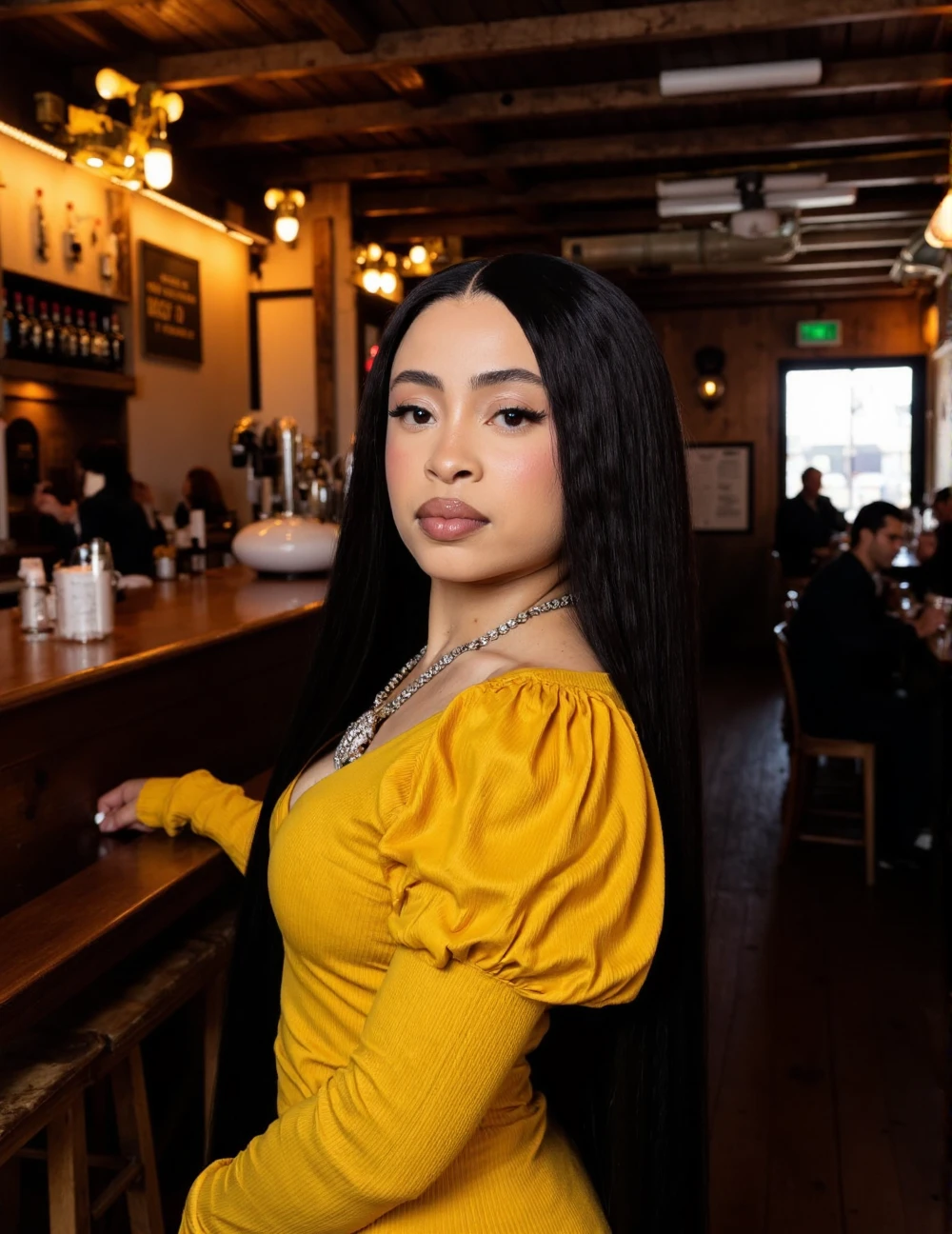 close-up headshot portrait shot on Fujifilm XT-50 of icespice, light-skinned black woman standing in an old-timey saloon wearing 1850's western garb <lora:SkinDetails_flux_lora_v8:.55> <lora:flux_realism_lora:.75> <lora:Hand v2:1> the woman has plump lips, the woman has a seductive look on her face, young adult black woman in her early 20's, facing the viewer straight on and making eye contact with the viewer, the woman has straight layered LONG BLACK hair, dark-skinned woman, <lora:icespice:1>