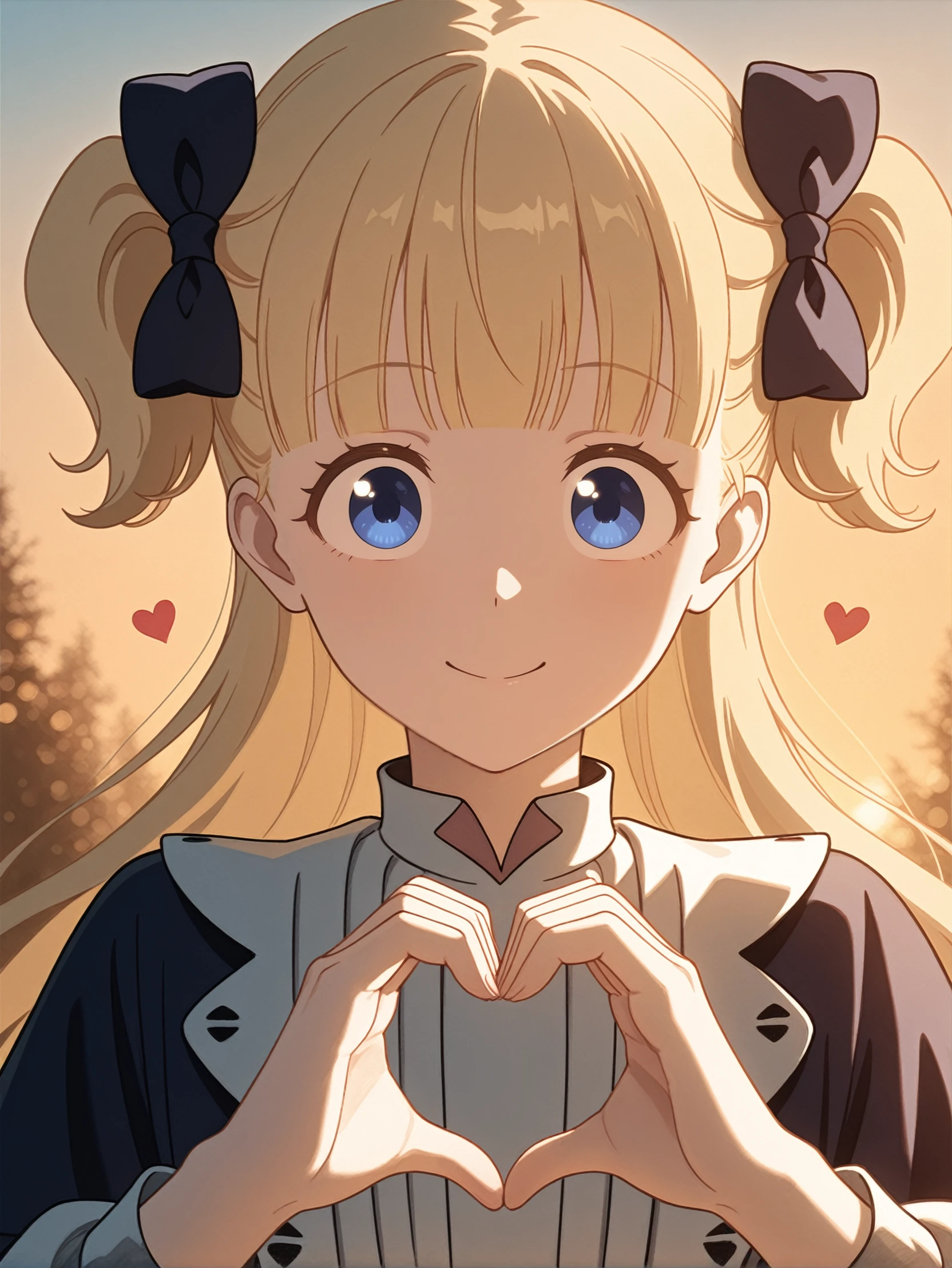 masterpiece, best quality, high resolution, very aesthetic, absurdres, newest, professional, high-quality, detailed eyes,
<lora:ILAEmilico:1.0>
AEmilico, 1girl, blonde hair, blue eyes, hair bow, blunt bangs, two side up, long hair, looking at viewer, golden hour glow, natural shadows, realstic background, depth of fields,cinematic lighting,outdoor,sunny sky, dynamic motion, heart hands, head flirtily tilted to the side, harmonious facial expression,smile,happy