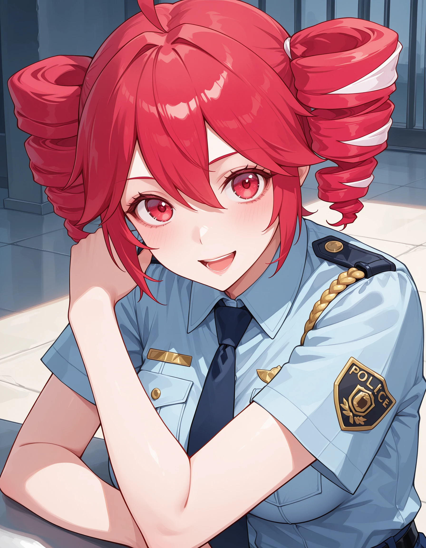 <lora:TetoKasaneILXL_V2:0.8> kteto, girl, drill hair, short hair, police uniform, (aged up:1.5), (upper body:1.5), smile, open mouth, looking at viewer, (pose:1.3), masterpiece, best quality, amazing quality, highres, absurdres, very aesthetic, high resolution, ultra detailed, perfect details