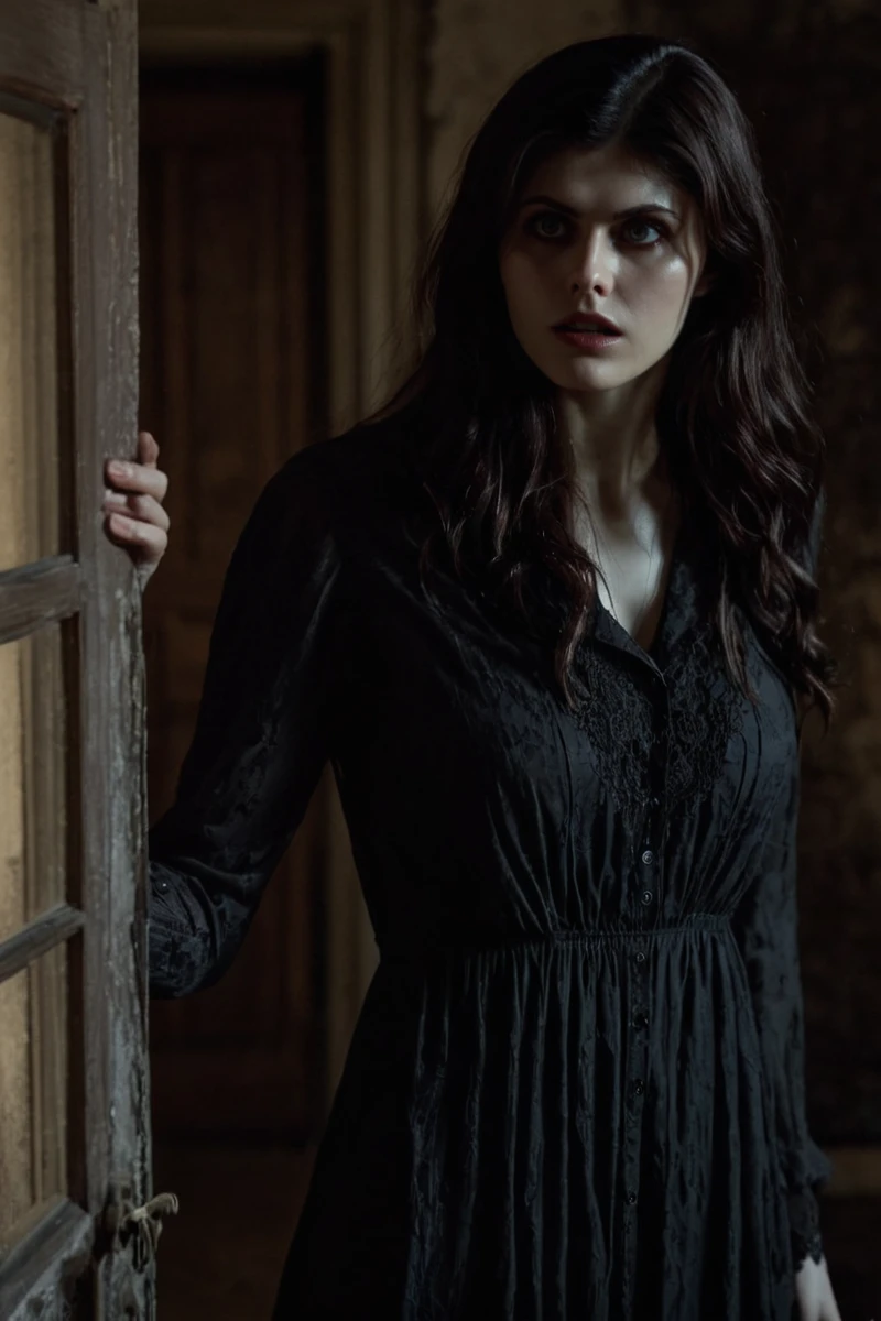 Horror-themed <lora:Alexandra_Daddario_SDXL_101:1> alexandradaddario101 cinematic photo as a vampire in a old house looking , expression , finely detailed eyes, moody, , epic scene, epic composition, Photography, Cinematic Lighting, Volumetric Lighting, ethereal light, intricate details, extremely detailed volumetric rays 35mm photograph, film, bokeh, professional, 4k, highly detailed . Eerie, unsettling, dark, spooky, suspenseful, grim, highly detailed