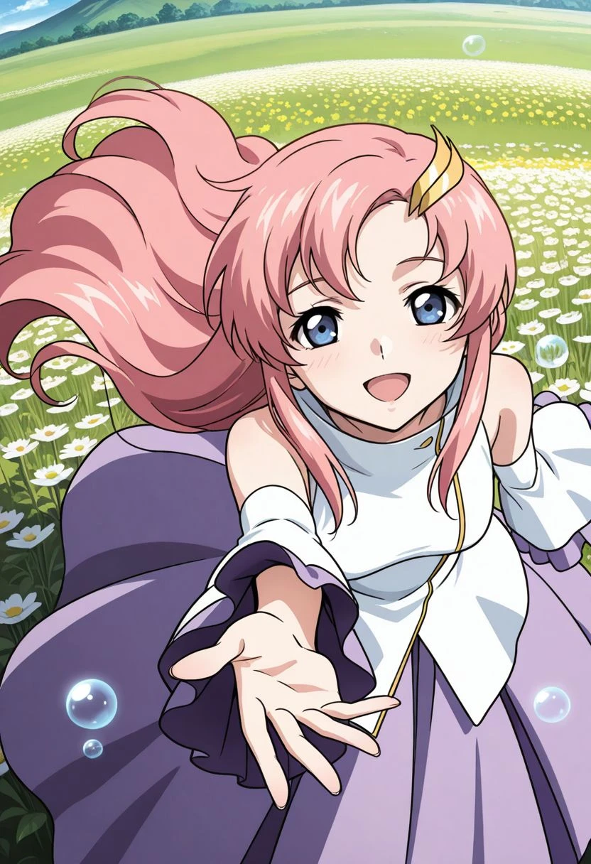 detailed eyes, beautiful, detailed background, perfect eyes,
source_anime, very aesthetic, anime coloring,
<lora:HandFineTuning_XL:1>
BREAK,
flower field, floating bubbles,
open smile, from above, looking at viewer, hand reaching out,
BREAK,
<lora:lacus01_illustrious_v01:0.8>
lacusbase, pink hair, long hair, wavy hair, hair ornament, blue eyes, sidelocks ,
frilled sleeves, bare shoulders, very long hair, detached sleeves, purple skirt, long skirt,