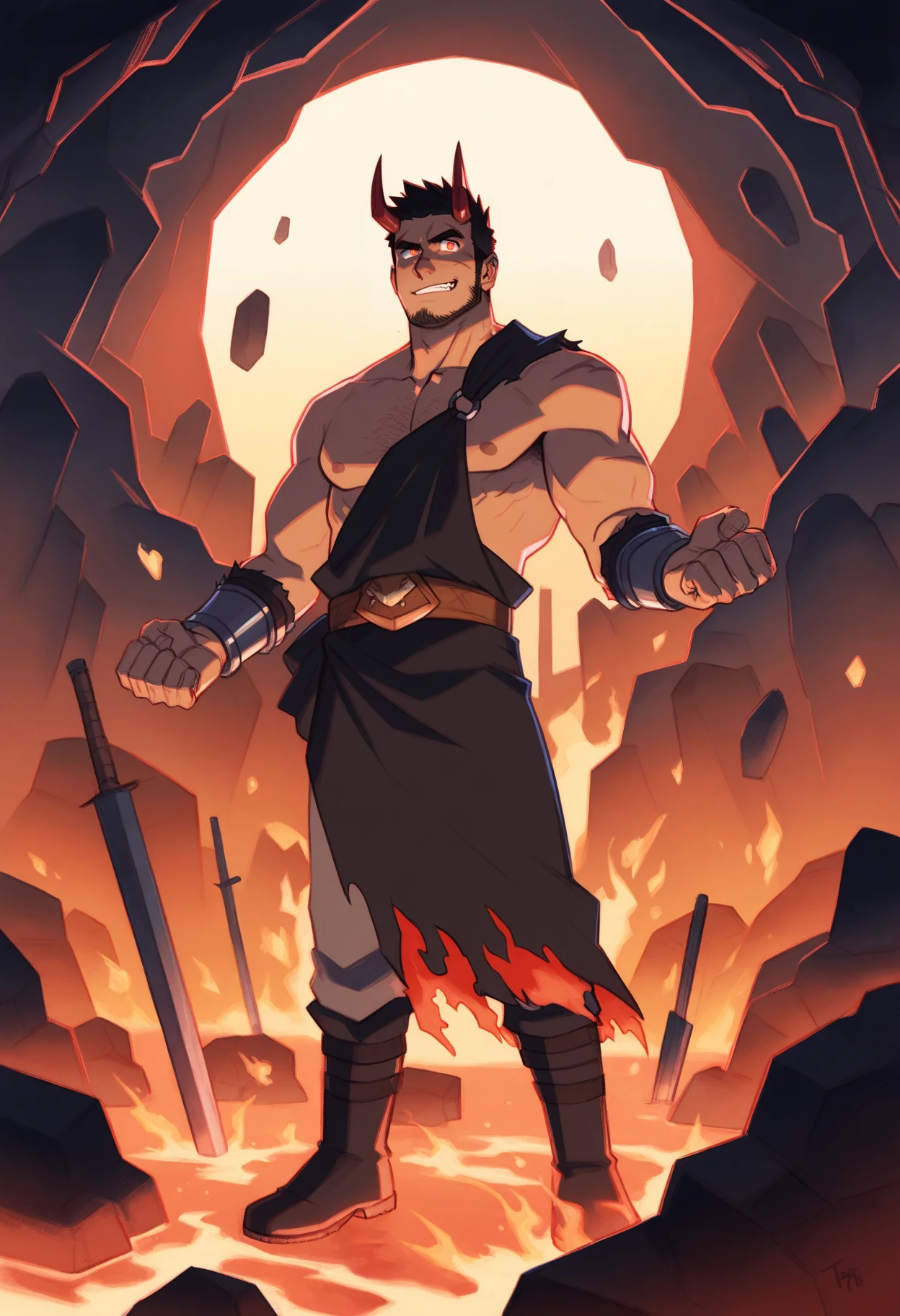 (score_9, score_8_up, score_7_up), 1boy, bara, solo, full body, two-tone hair, multicolored hair, black hair, glowing eyes, mature male, stubble, beard, facial hair, fantasy, scars, body hair, demon, demon boy, red horns, evil smirk, dark cave, tattered red and black robes, steel bicep band, simple steel bracers, fire and lava, rocks and darkness, hell, aesthetic male focus, mondoart,<lora:mondoart_Pony_v1:1>