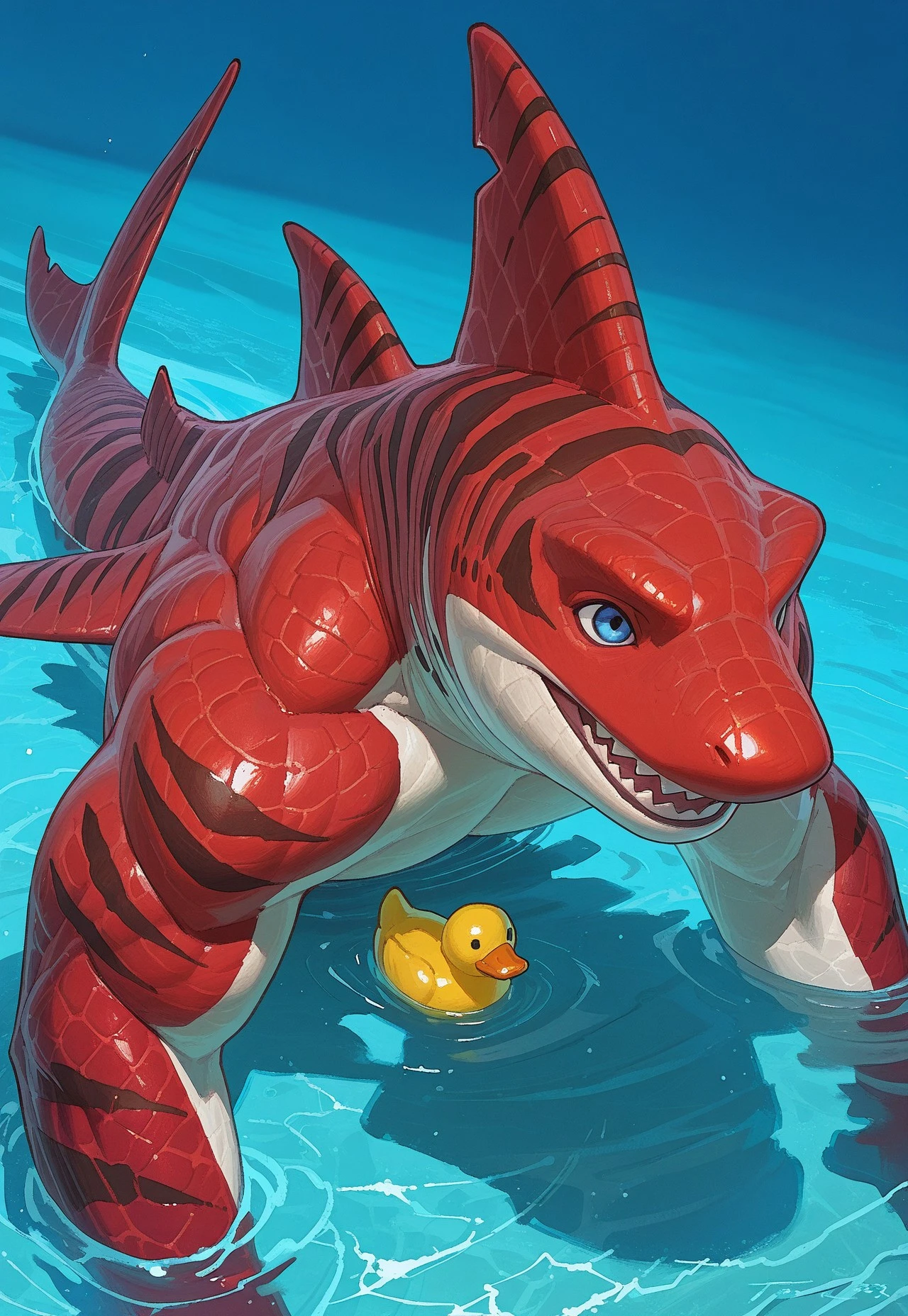 safe_pos, masterpiece,best quality,amazing quality,t4r4nf1dd13r, 2023, 2024, hi res, furry, blue eyes, convenient censorship, elbow fin, fin, fish, head fin, jura \(jur4ssic\), male, marine, multicolored body, multicolored scales, notched fin, nude, open mouth, partially submerged, red body, red scales, rubber duck, scales, shark, sharp teeth, signature, solo, striped body, striped scales, stripes, swimming, teeth, two tone body, two tone scales, white body, white scales,