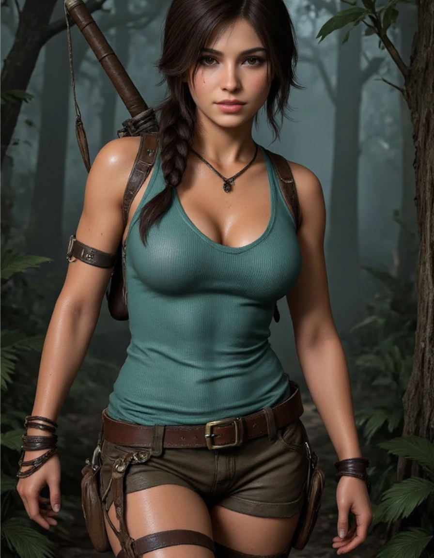 a beautiful english female <lora:lara-croft:1>, Hair Dark brown, typically styled in a long braid or ponytail, brown eyes, body Athletic and curvaceous, large chest, Turquoise tank top, khaki shorts, lara croft tomb raider CGI, unreal, highly detailed, surrounded by a forest pushing her way through thick foliage,