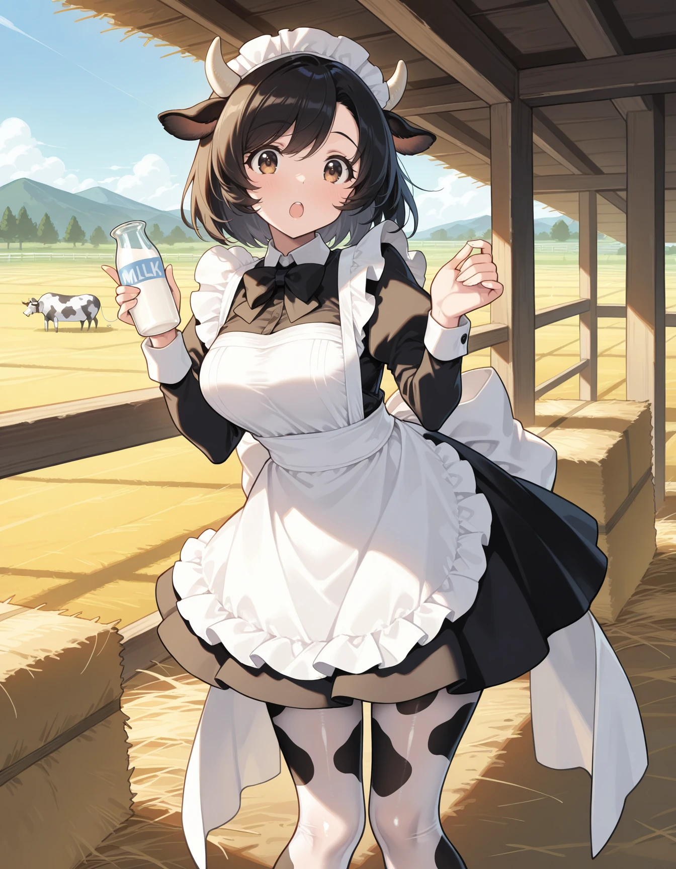 shiny satin, 1girl, milkmaid, (cow print), cow ears, cow horns, holding milk bottle, :o, farm, hay, outdoors, excited, maid outfit, maid headdress, white apron, pantyhose, short skirt, back bow, huge bow, <lora:Test4-ILXL2025-02-06_21-38-29-save-216-36-0:0.9> masterpiece, best quality, very aesthetic, newest