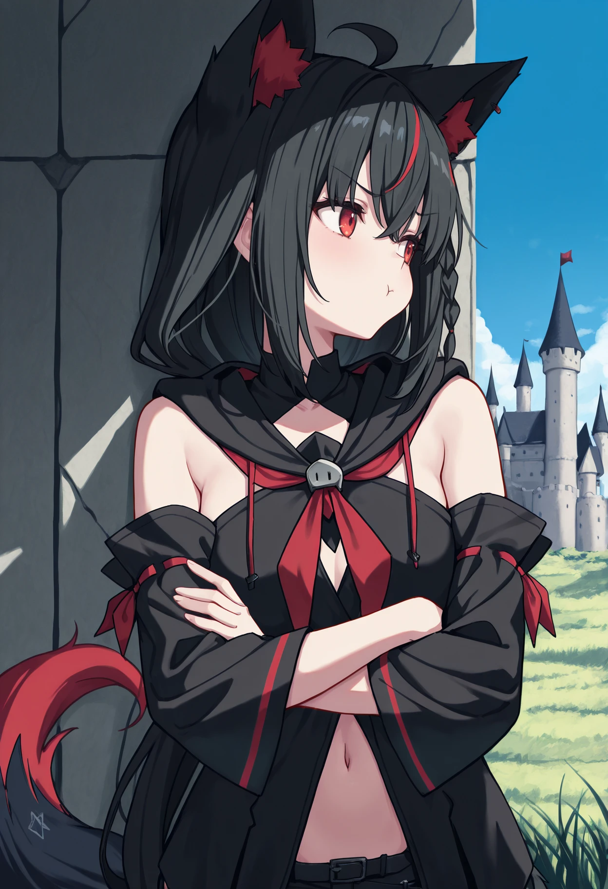 <lora:fubuki_10outfits_illustrious_v2:1>masterpiece, best quality, 1girl, solo, fbk_krkmi, red eyes, black hair, streaked hair, black blouse, detached sleeves, red neckerchief, short shorts, black tail, red fluff, castle, grass, blue sky, leaning against wall, upper body, crossed arms, pout, looking to the side, navel