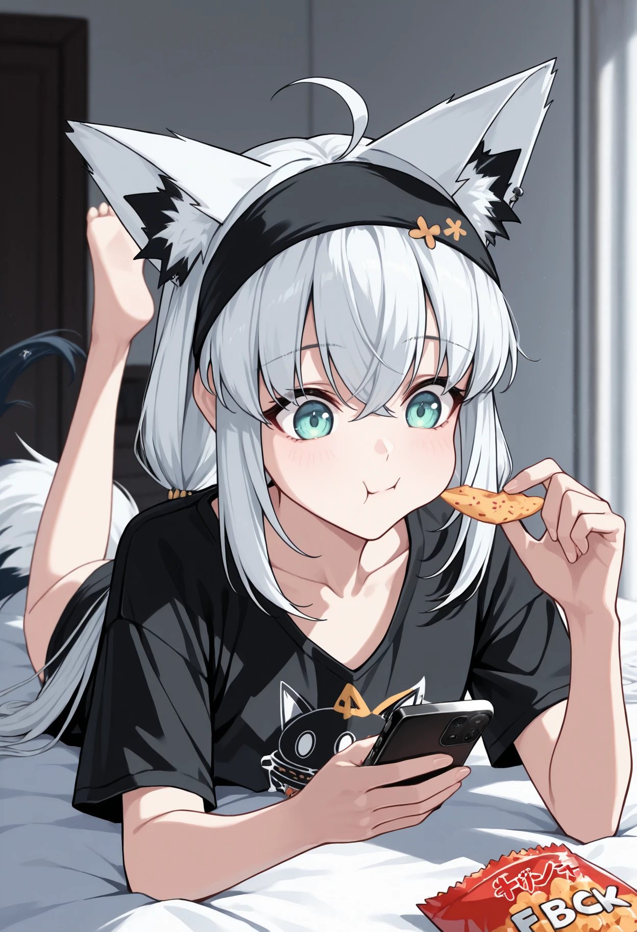 <lora:fubuki_10outfits_illustrious_v2:1>masterpiece, best quality, 1girl, solo, fbk_relax, sidelocks, black hairband, no pants, black t-shirt, fox tail, bedroom, the pose, eating snack, using smartphone, chewing