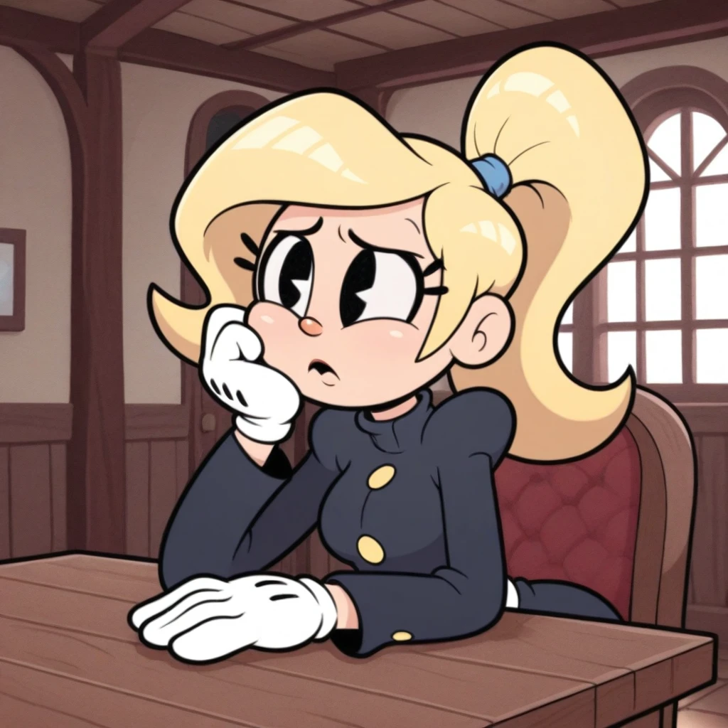 masterpiece, best quality, Rubberhose, toon \(style\), 1girl, blonde hair, high ponytail, black eyes, upper body, <lora:Rubberhose_Style_illustrious_Leaf2:1>, white gloves, indoors,