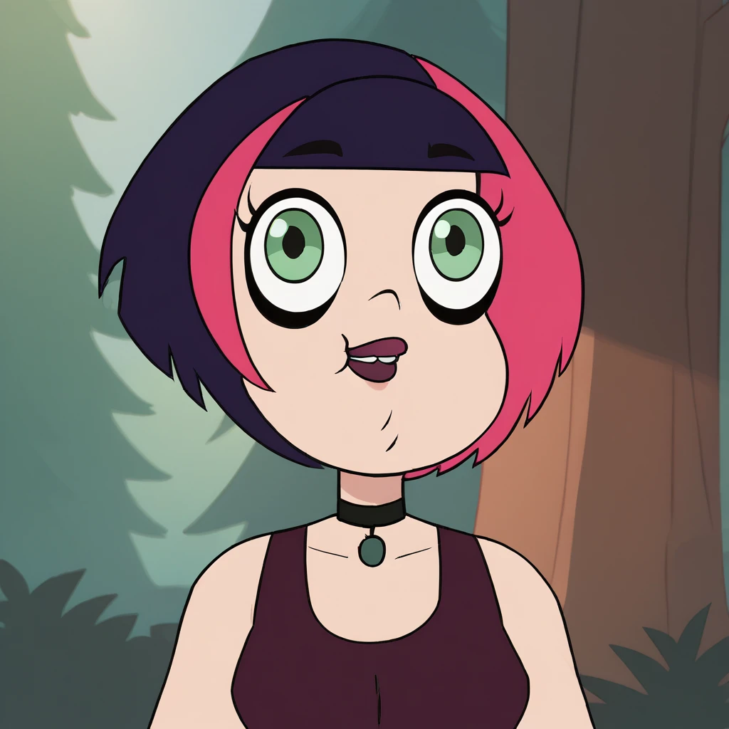 score_9_up, score_8_up, BREAK, IngridBloomgren, front, 1girl, solo, multicolored hair, pink hair, short hair, green eyes, choker, tank top, upper body, looking at viewer, forest, <lora:IngridBloomgren_PXL_Leaf2:1>