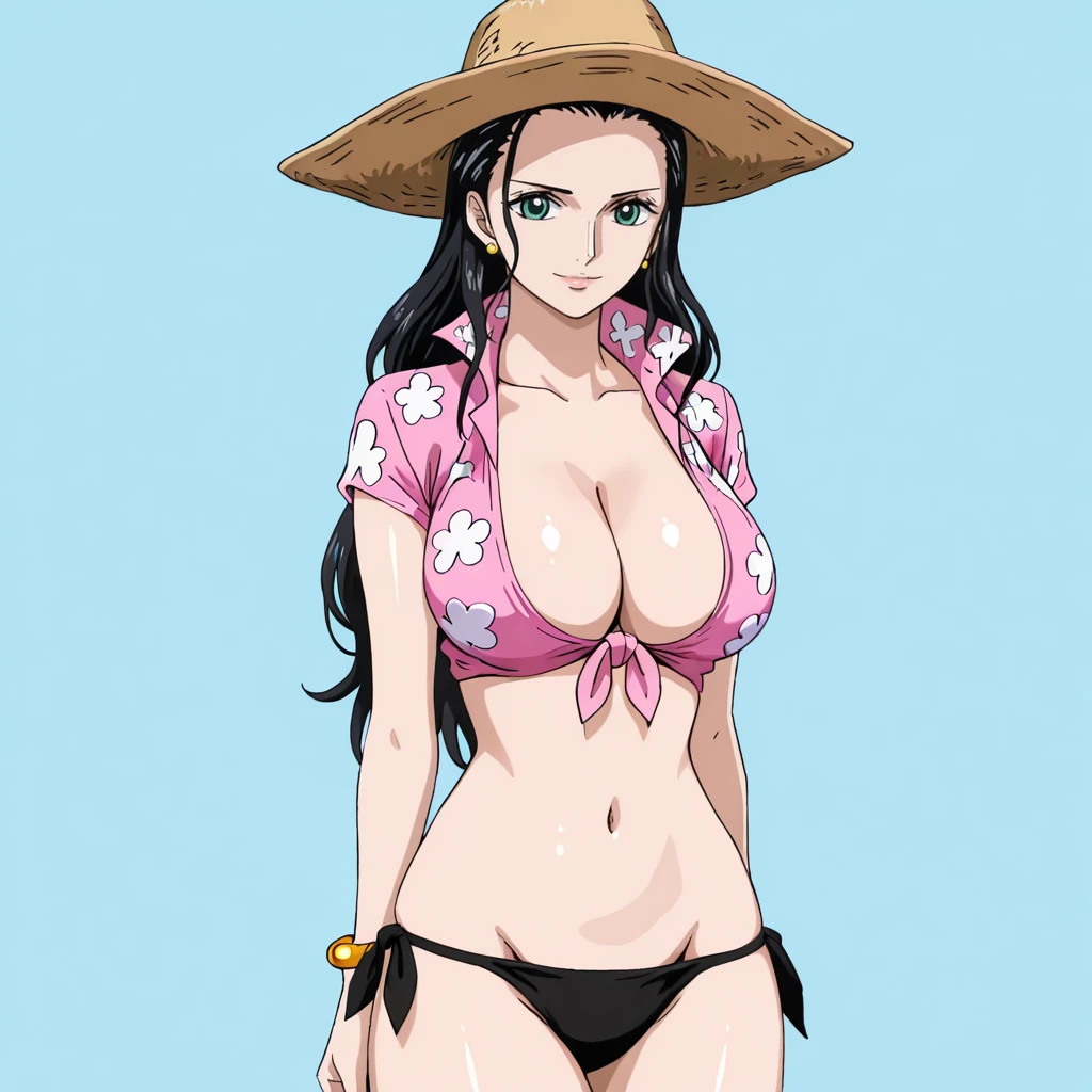 <lora:NicoRobin_illustrious_v1:1>NicoRobinPinkShirt, 1girl, black hair, large breasts, tied shirt, bikini bottom only, long hair, jewelry, swimsuit, side-tie bikini bottom, groin, hair slicked back, cleavage, navel, lowleg bikini, bracelet, hat, midriff, green eyes, short sleeves, earrings, black bikini, front-tie top, crop top, shiny, cowboy shot
