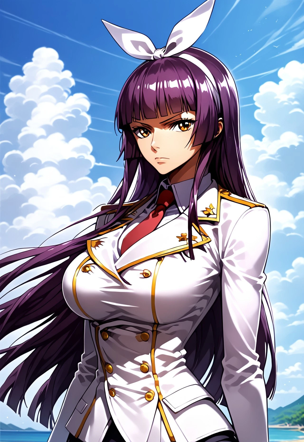 safe_pos, safe_pos, score_9, score_8_up, score_7_up, NelZelFormula,

Kagura Mikazuchi, long hair, purple hair, hime cut, white hairband, brown eyes, 1girl, solo, necktie, breasts, looking at viewer, shirt, day, closed mouth, purple hair, red necktie, outdoors, large breasts