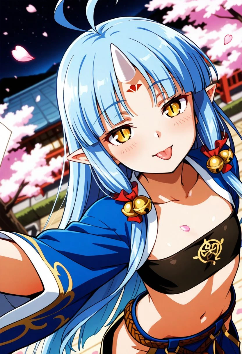 detailed eyes, beautiful, detailed background, perfect eyes,
source_anime, very aesthetic, anime coloring, masterpiece, official art,
<lora:HandFineTuning_XL:1>
BREAK,
japanese village, cherry blossom, flower petals, night, blurry background,
cowboy shot, dancing, from above, close up, tongue out, face focus, holding paper fan,
BREAK,
<lora:suzukahime_illustrious_v01:0.8>
suzukabase, forehead horn, yellow eyes, blue hair, slit pupils, hair bell, very long hair, hime cut, sidelocks, pointy ears, midriff, forehead mark, strapless, long sleeves, hip vent, ahoge, blue dress, flat chest,